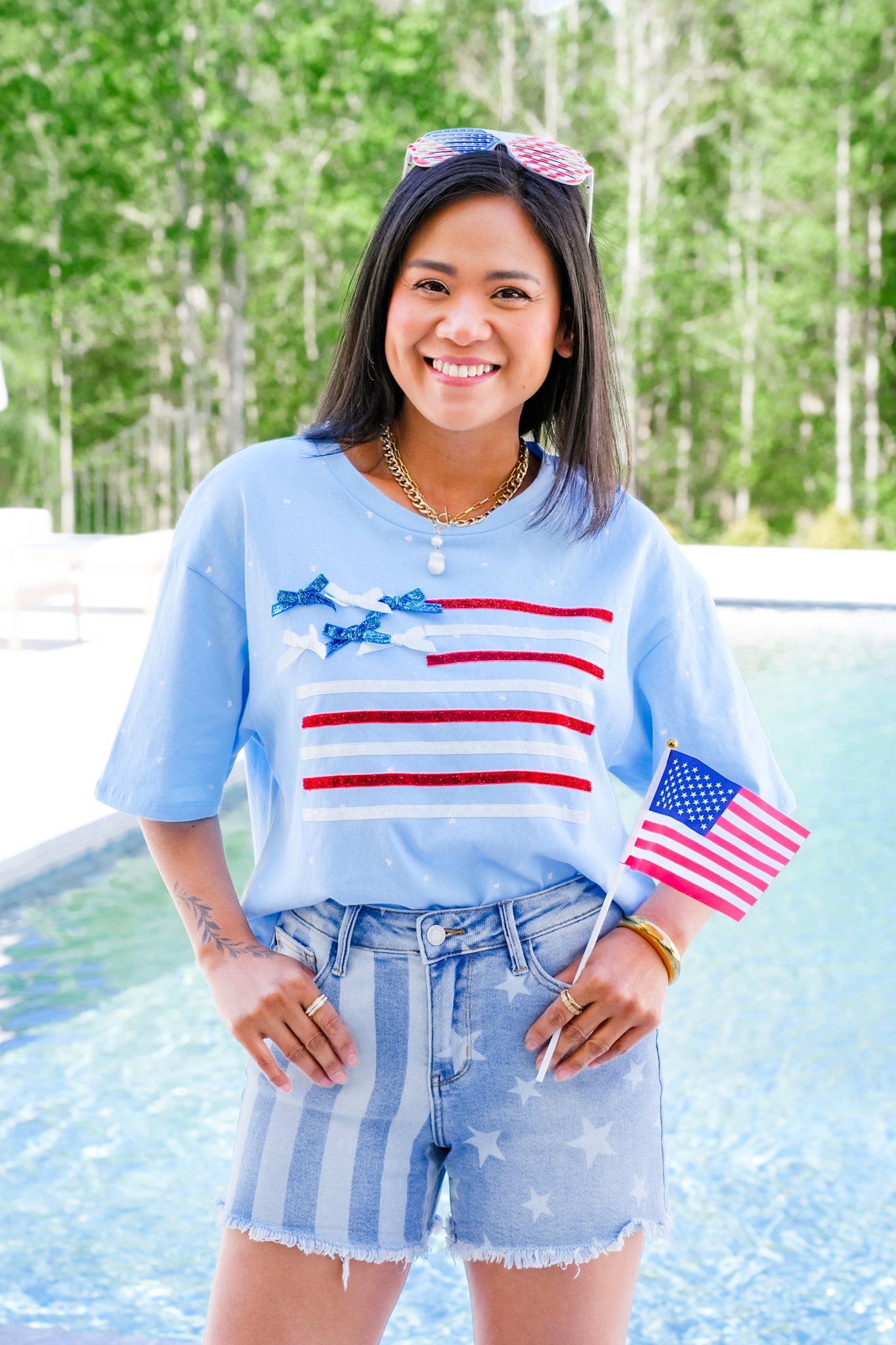 Short Sleeve Ribbon American Flag Top with Bow Detail