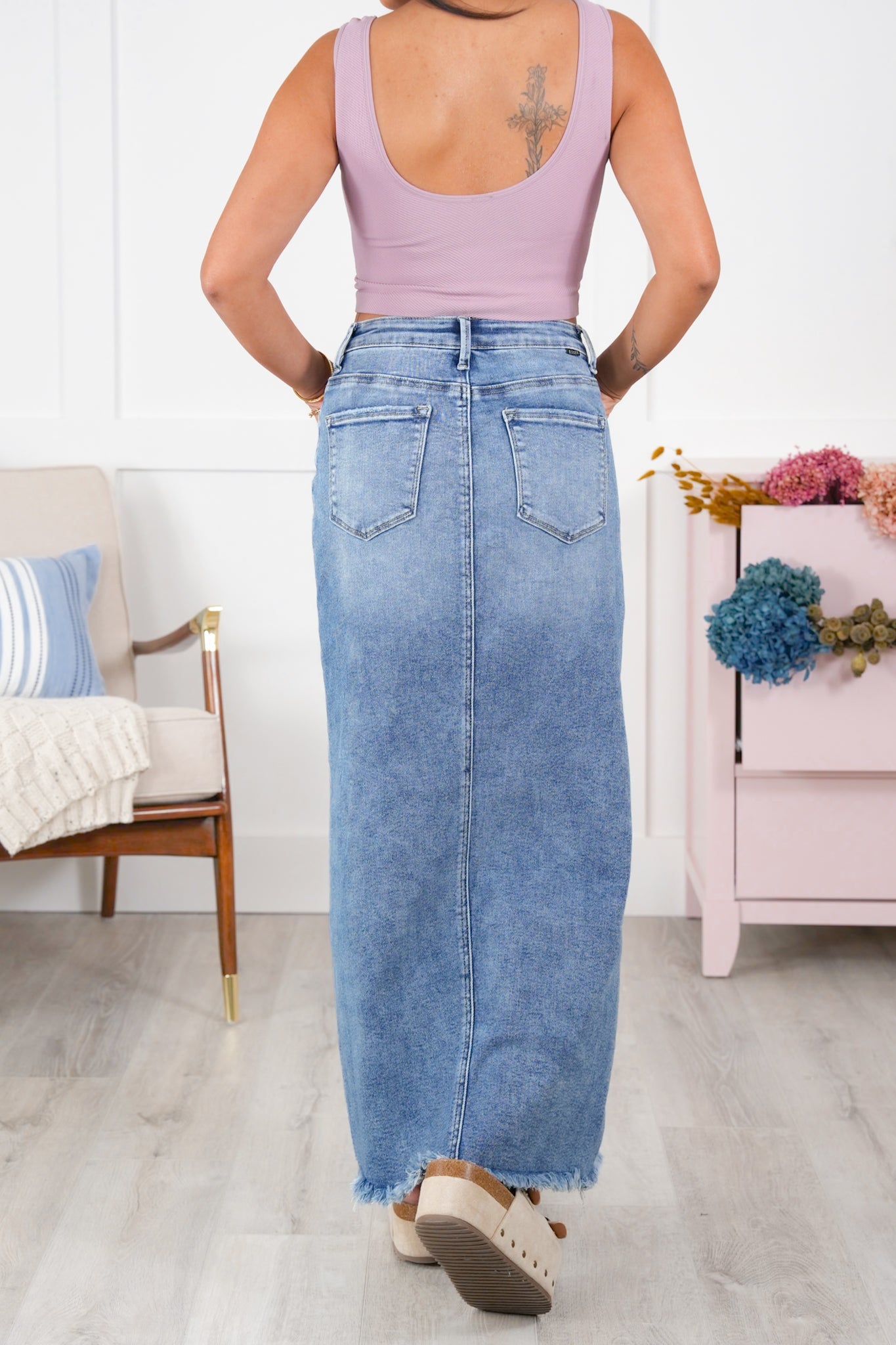 Risen High Rise Medium Wash Long Skirt