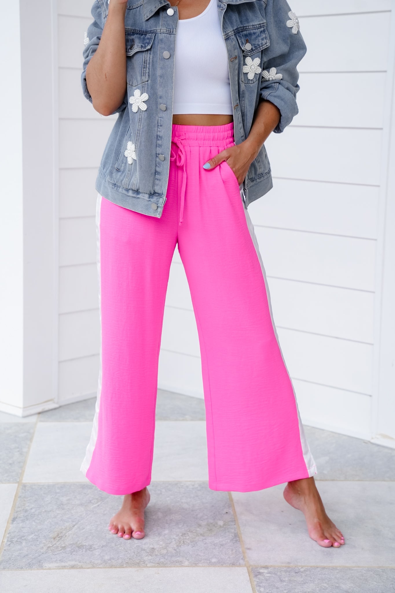 Pink Elastic Waist Pants with Side Stripe Detail