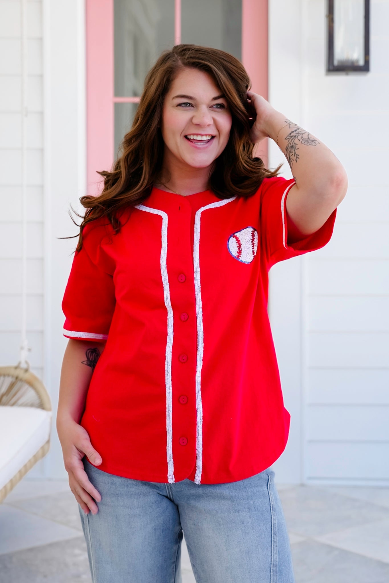 Red Short Sleeve Button Down Baseball Top with Sequin Detail
