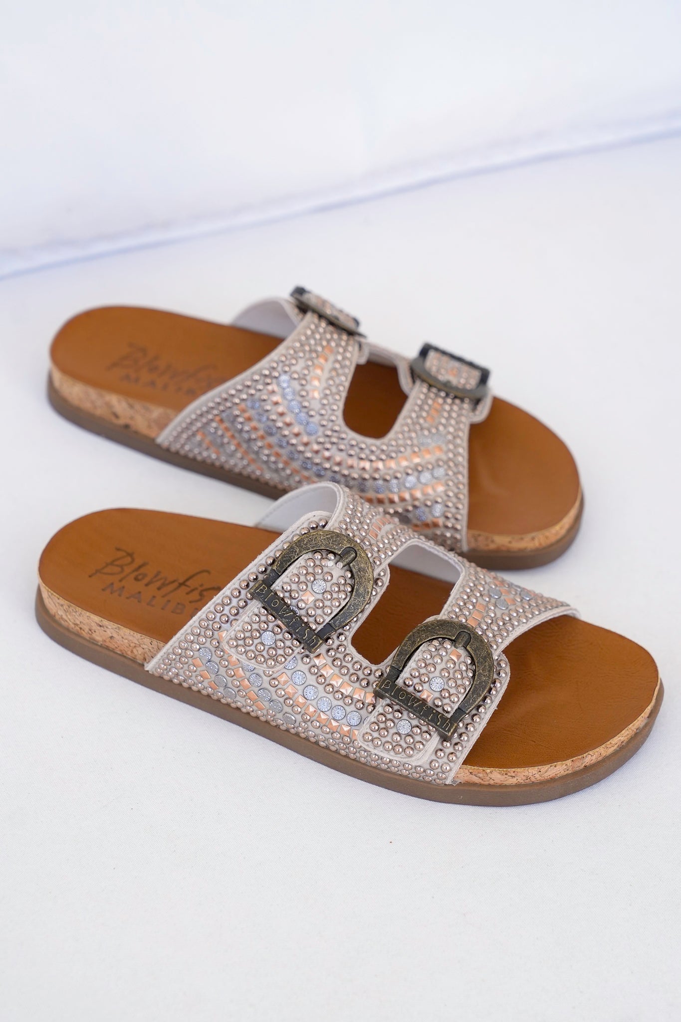 Blowfish Studded Cork Slide Sandals with Adjustable Buckle Detail