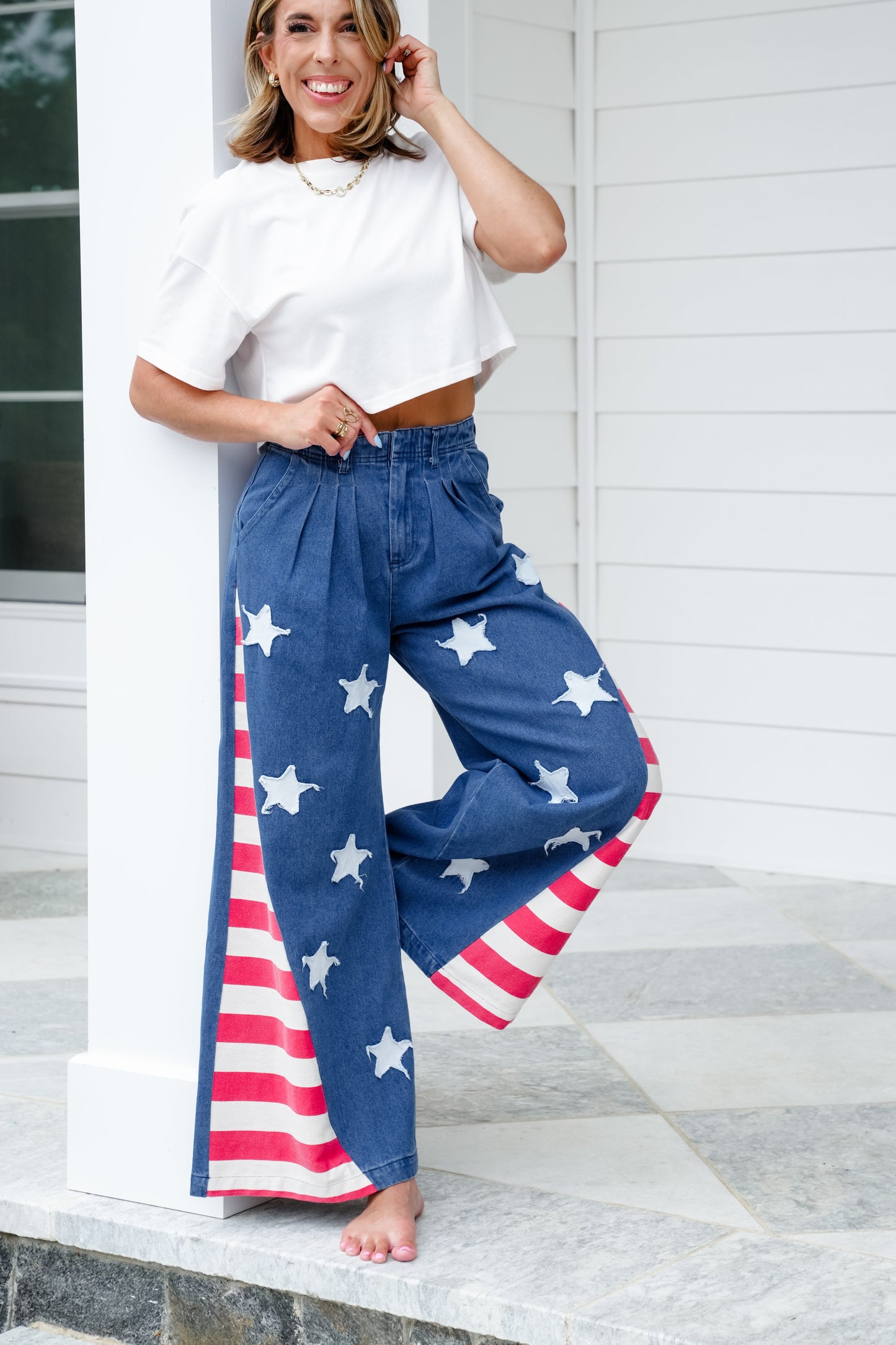Vintage Wash Denim American Flag Patch Pants