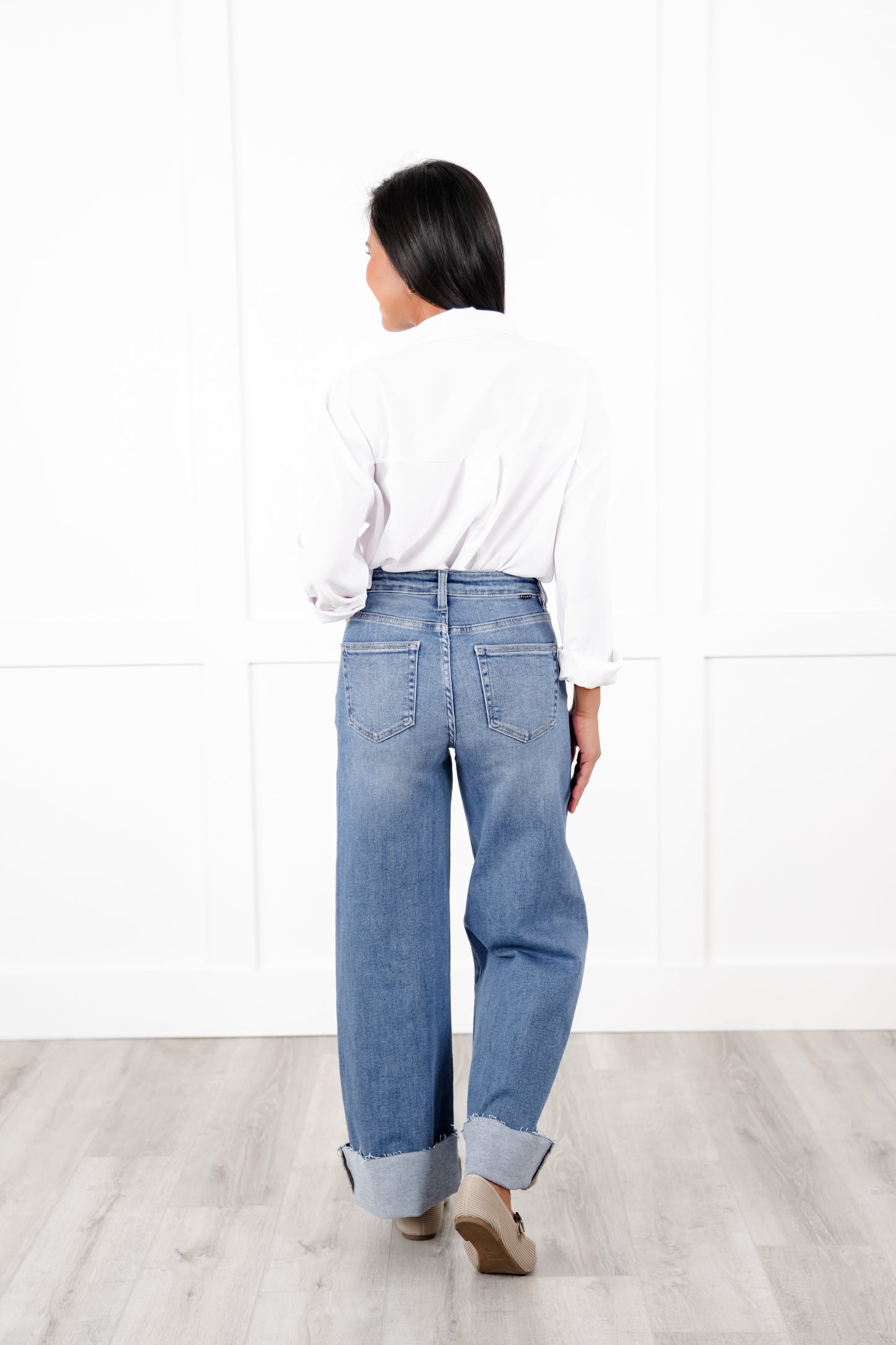 Risen High Rise Medium Wash Tummy Control Cuffed Wide Leg Jeans
