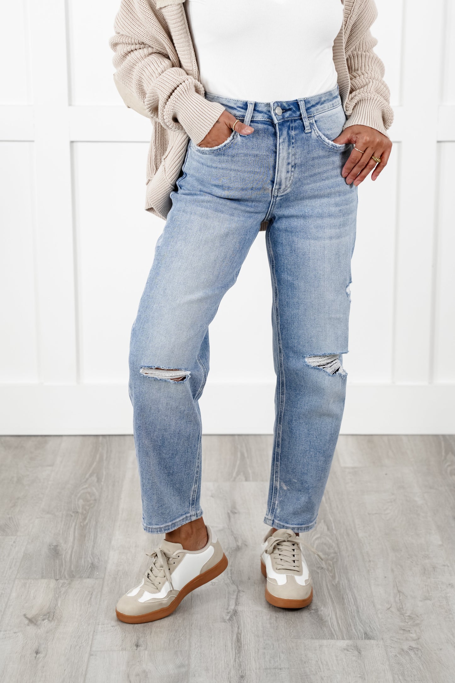 Lovervet High Rise Light Wash Distressed Barrel Jeans
