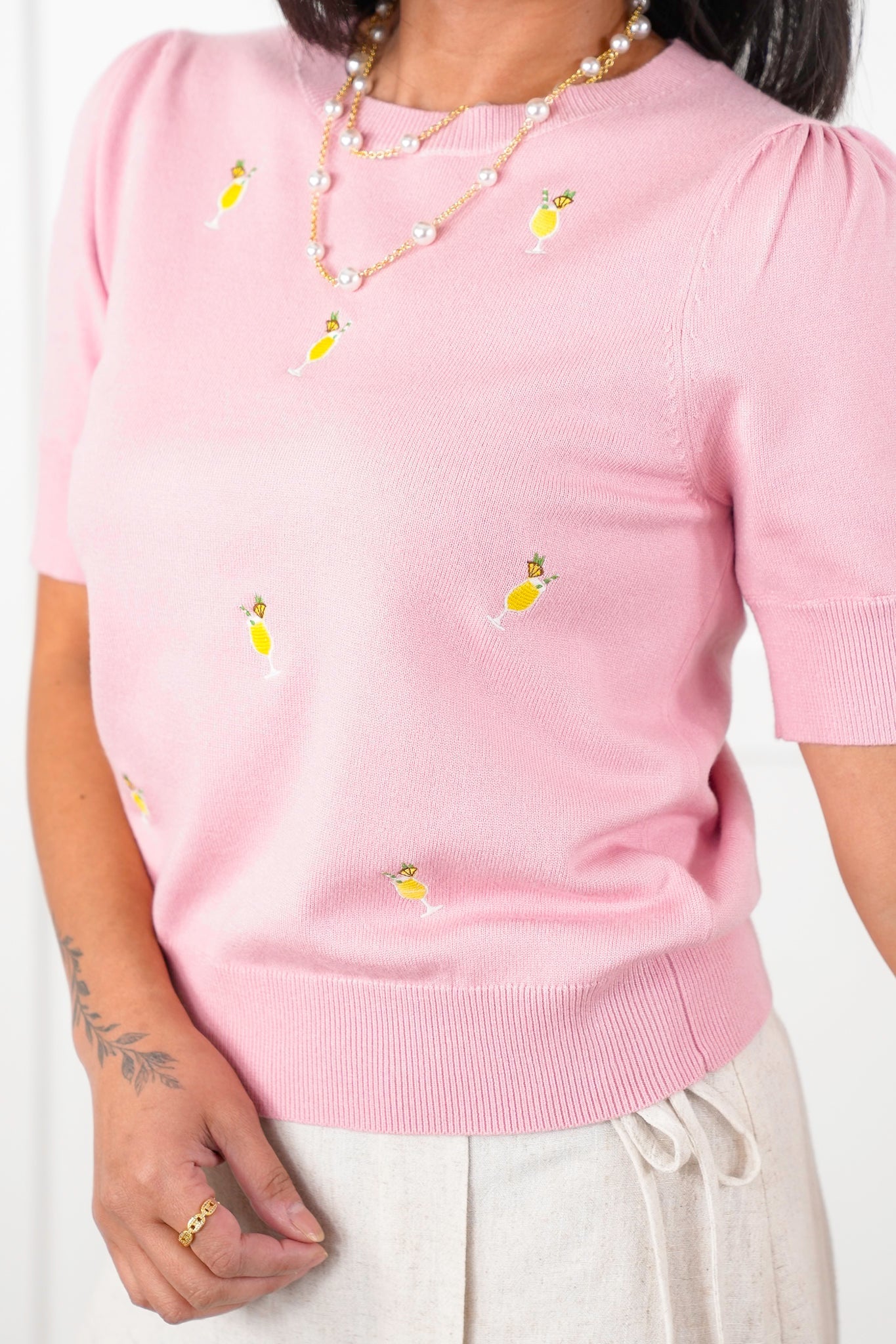 All Over Embroidered Tropical Drink Short Sleeve Knit Top