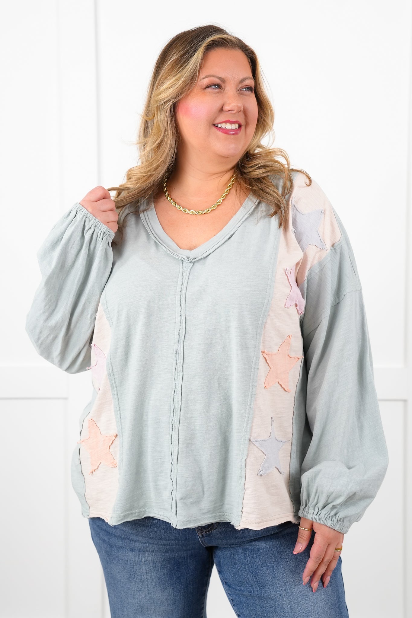 Plus/Reg Long Sleeve V Neck Top with Star Patch Detail