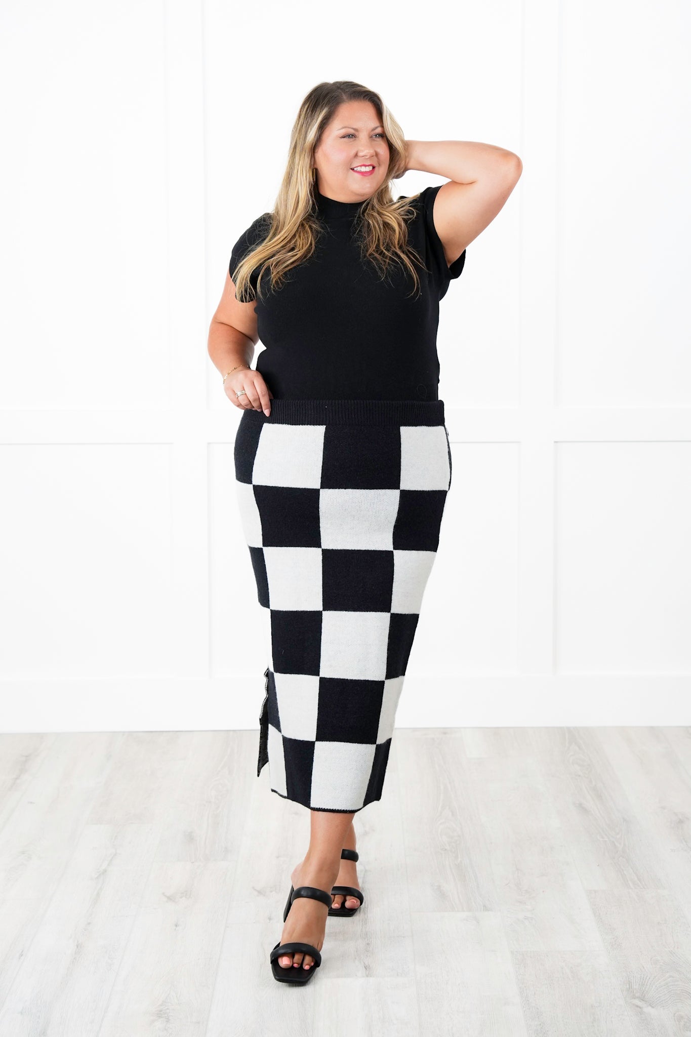 Restock! Plus/Reg Checkered Pencil Midi Sweater Skirt