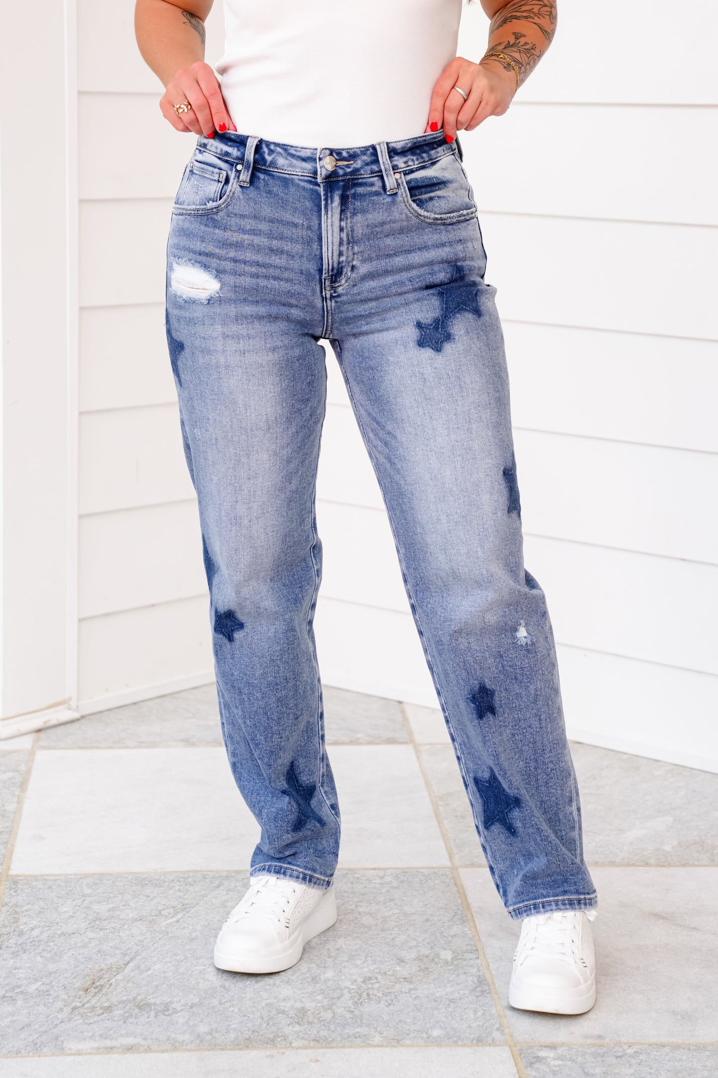 Risen High Rise Medium Wash Star Shade Boyfriend Jeans