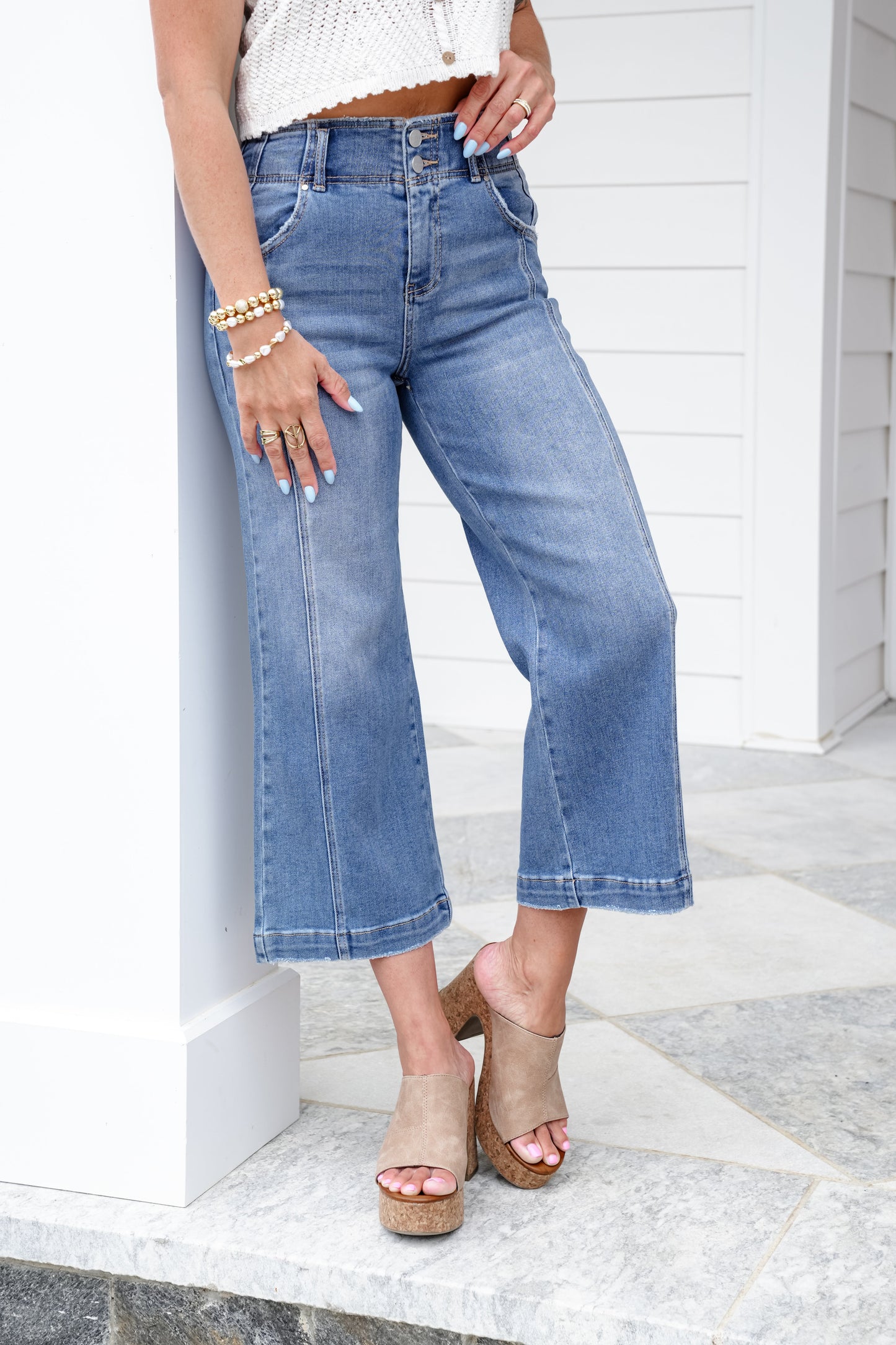 Risen High Rise Medium Wash Cropped Wide Leg Jeans with Front Seam Detail