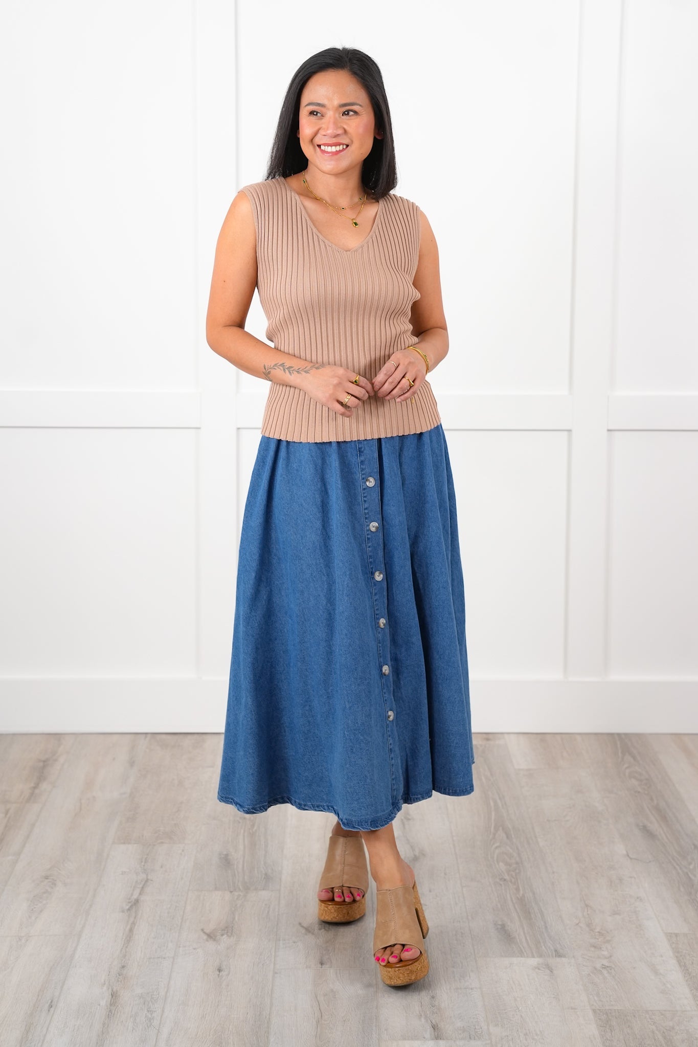Ribbed Knit Double V Neck tank Top