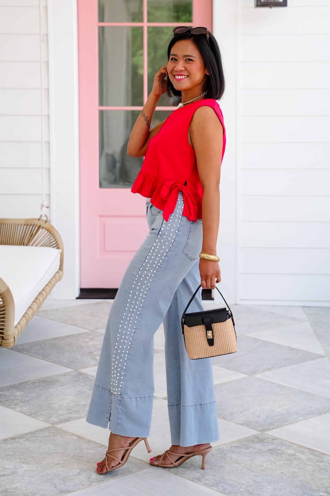 Light Denim Mid Rise Flared Leg Jeans with Pearl Detail