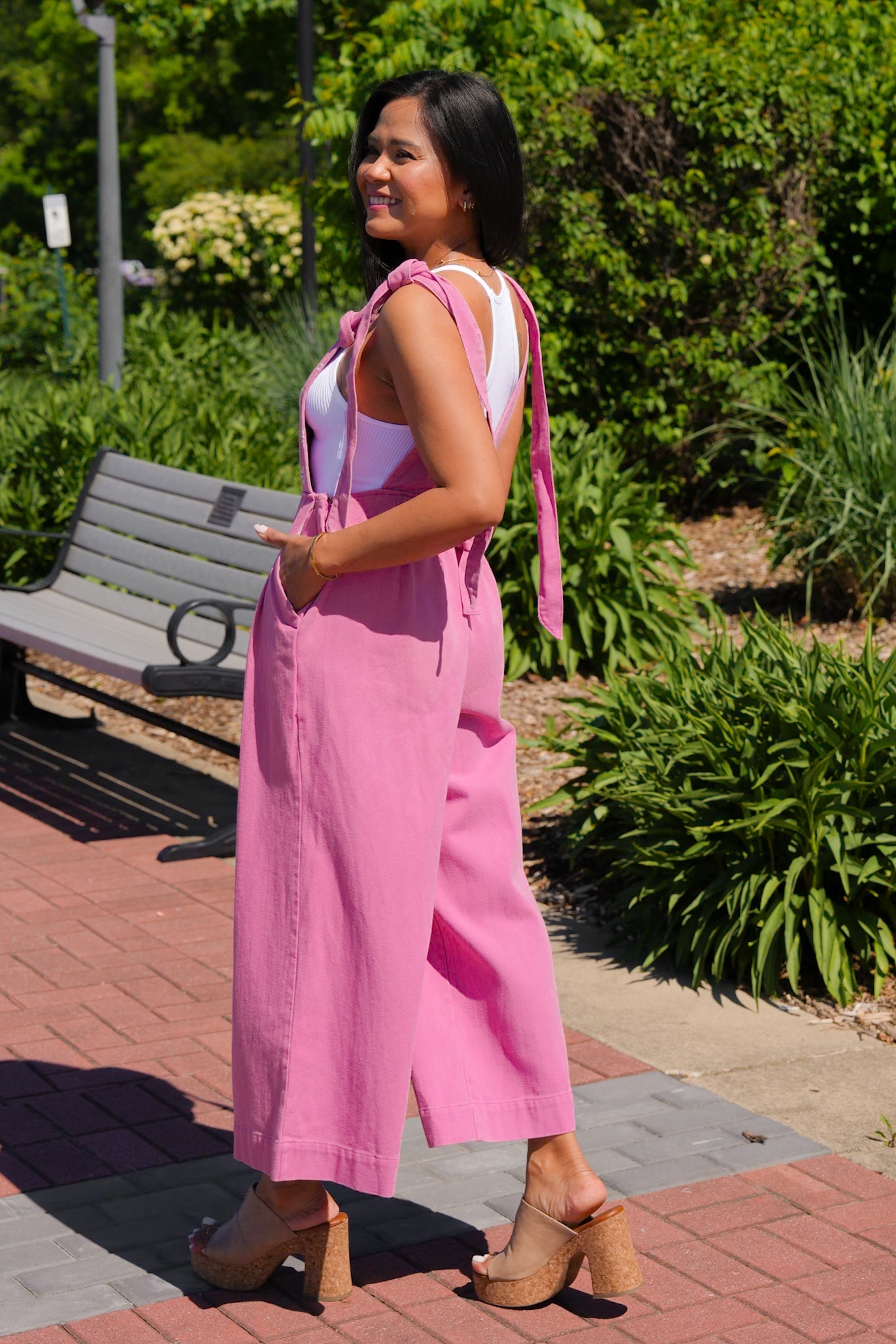 Plus/Reg Pink Wide Leg Overalls With Daisy Embroidered Detail