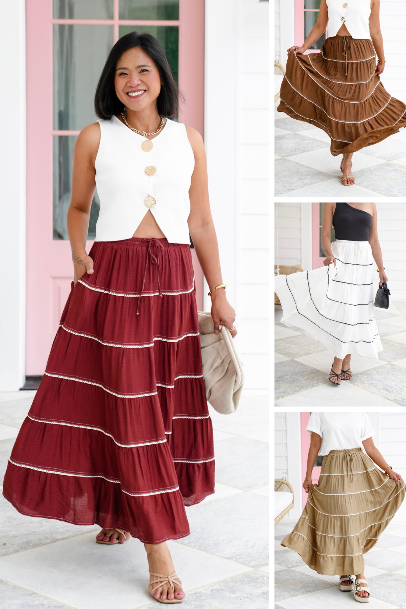 Elastic Waist Tiered Maxi Skirt with Crochet Trim Detail