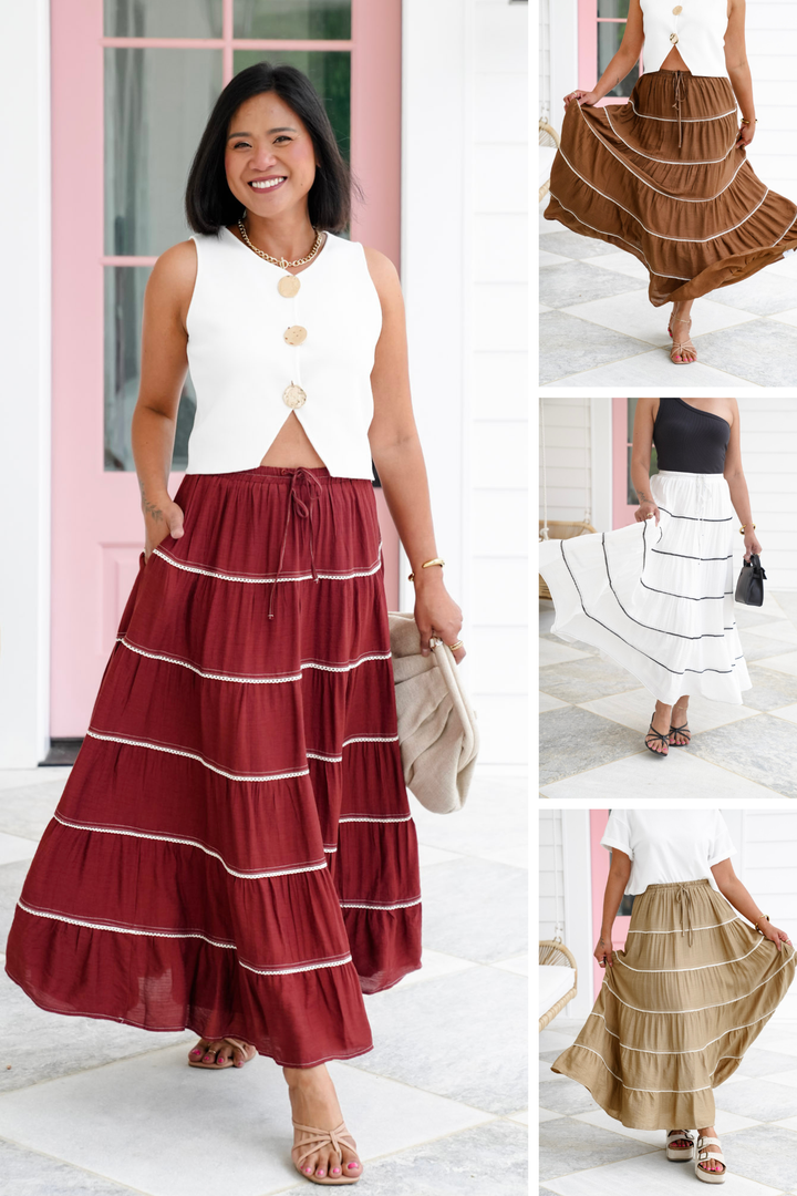Elastic Waist Tiered Maxi Skirt with Crochet Trim Detail