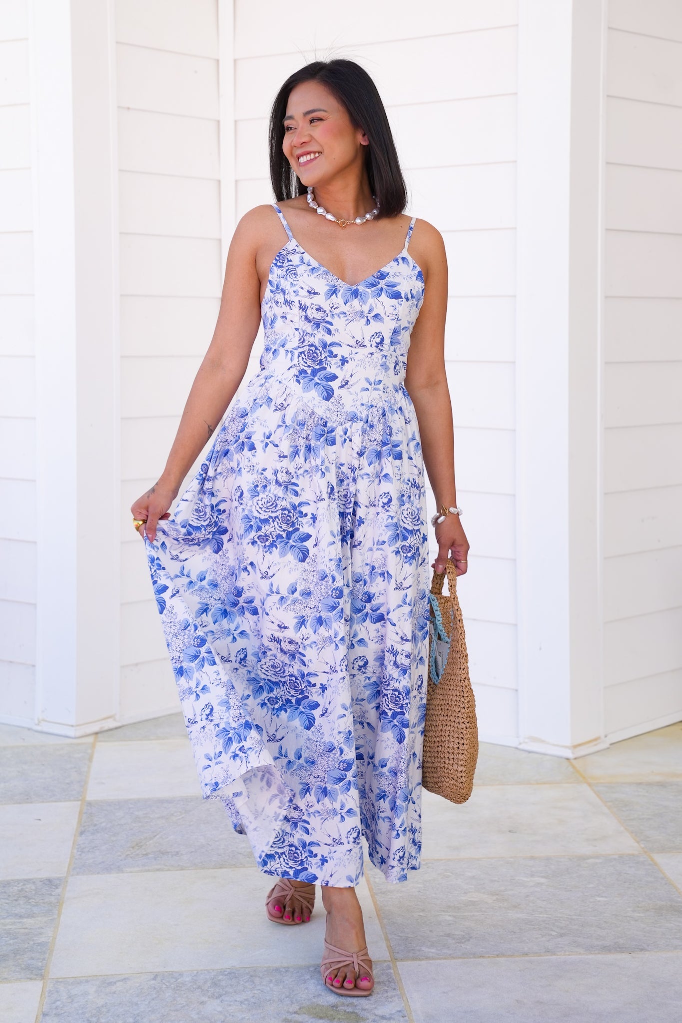 Blue Floral Sleeveless V Neck Maxi Dress with Tie Back Detail