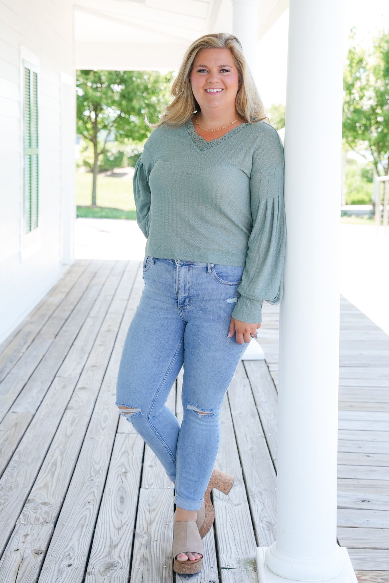 Knit Long Sleeve V Neck Top with Lace Detail (Multiple Colors)