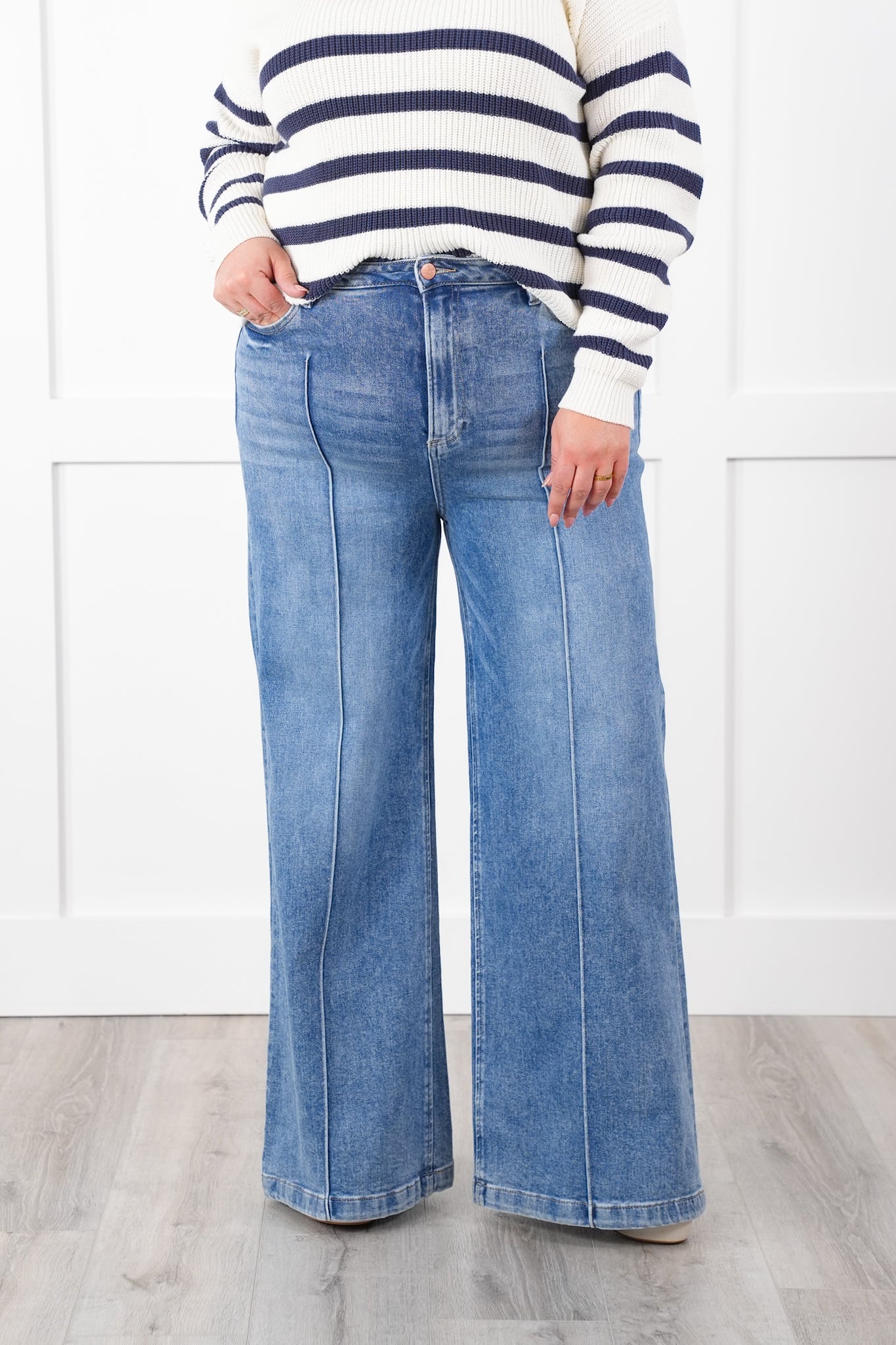 Risen High Rise Medium Wash Pintuck Detailed Wide Leg Jeans