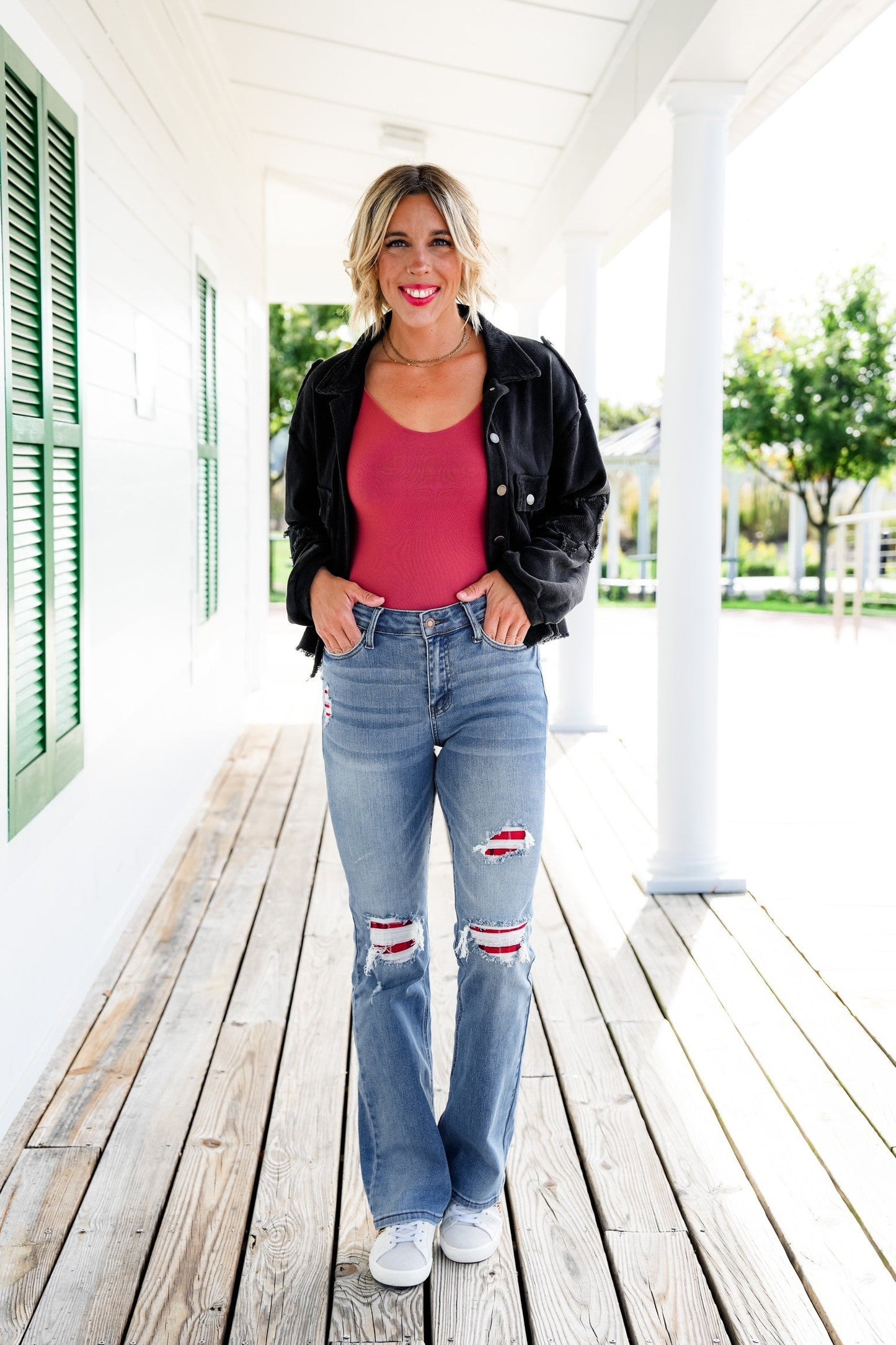 Judy Blue Plaid for You Mid Rise Medium Wash Bootcut Jeans With Patch Detail