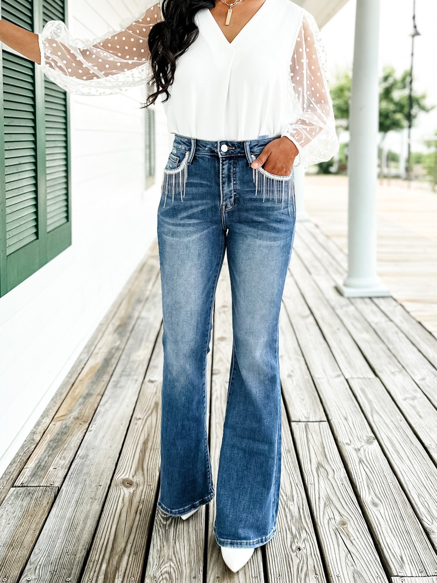 Risen Dark Wash Embellished Wide Flare Jean