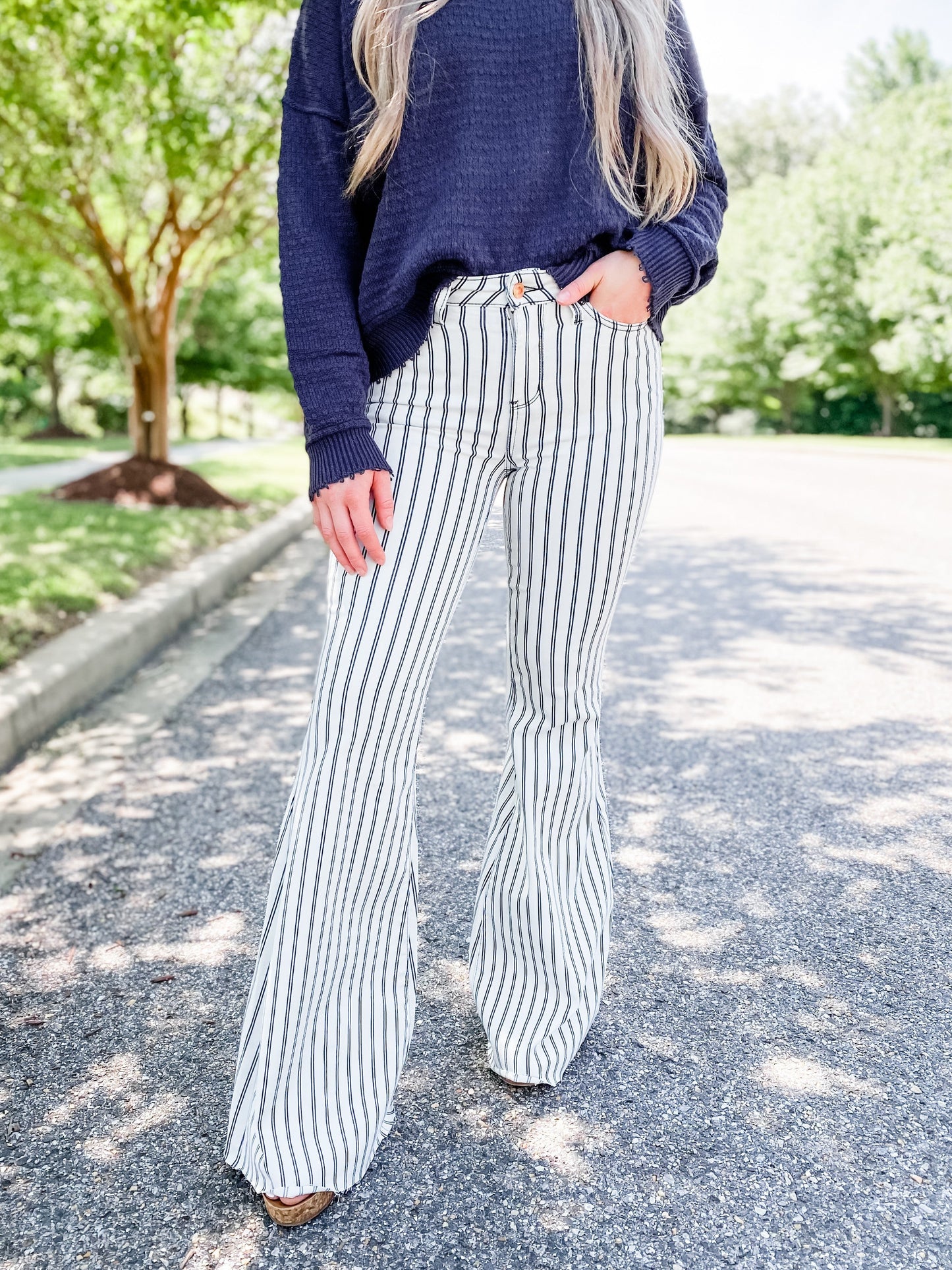 Judy Blue Long Inseam White Pinstripe Super Flare Jeans