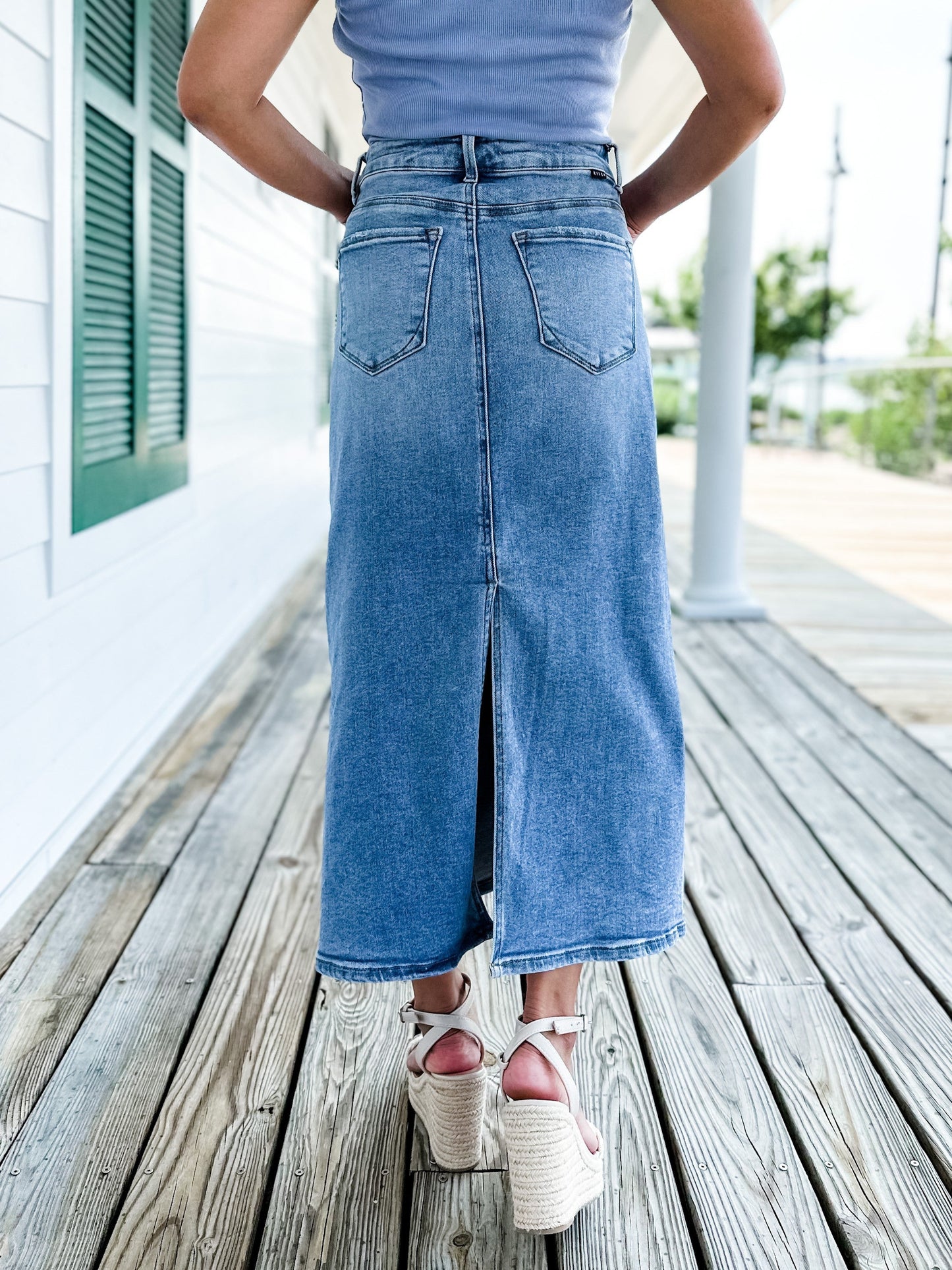 Risen Medium Wash Back Slit Long Skirt
