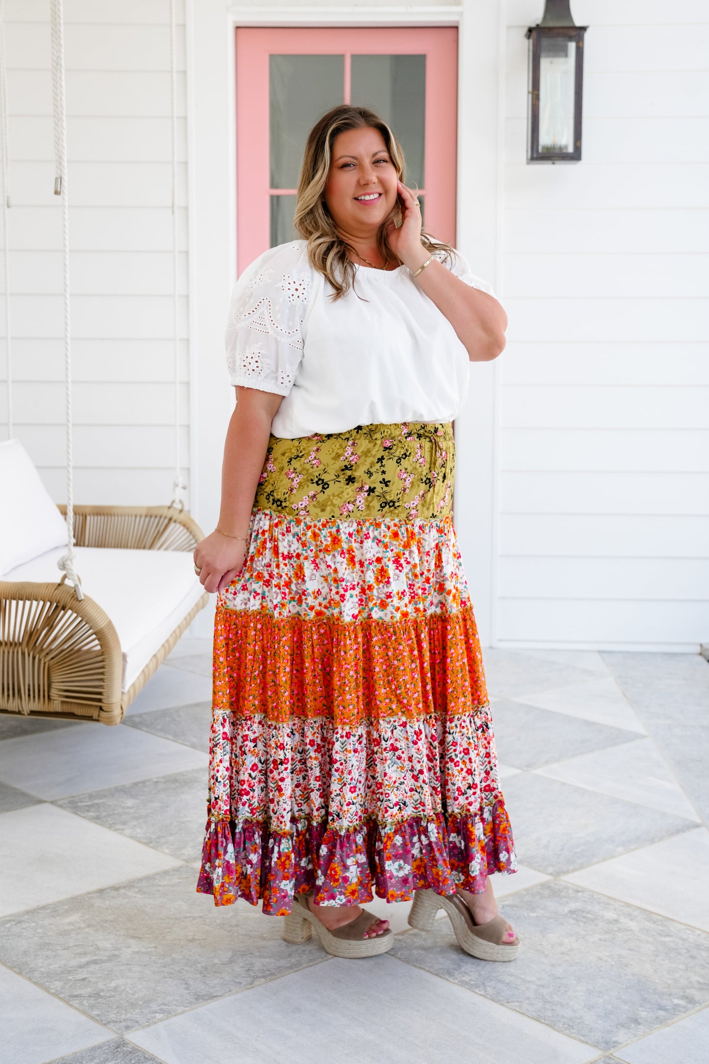Plus/Reg Mixed Floral Print Elastic Waist Tiered Skirt