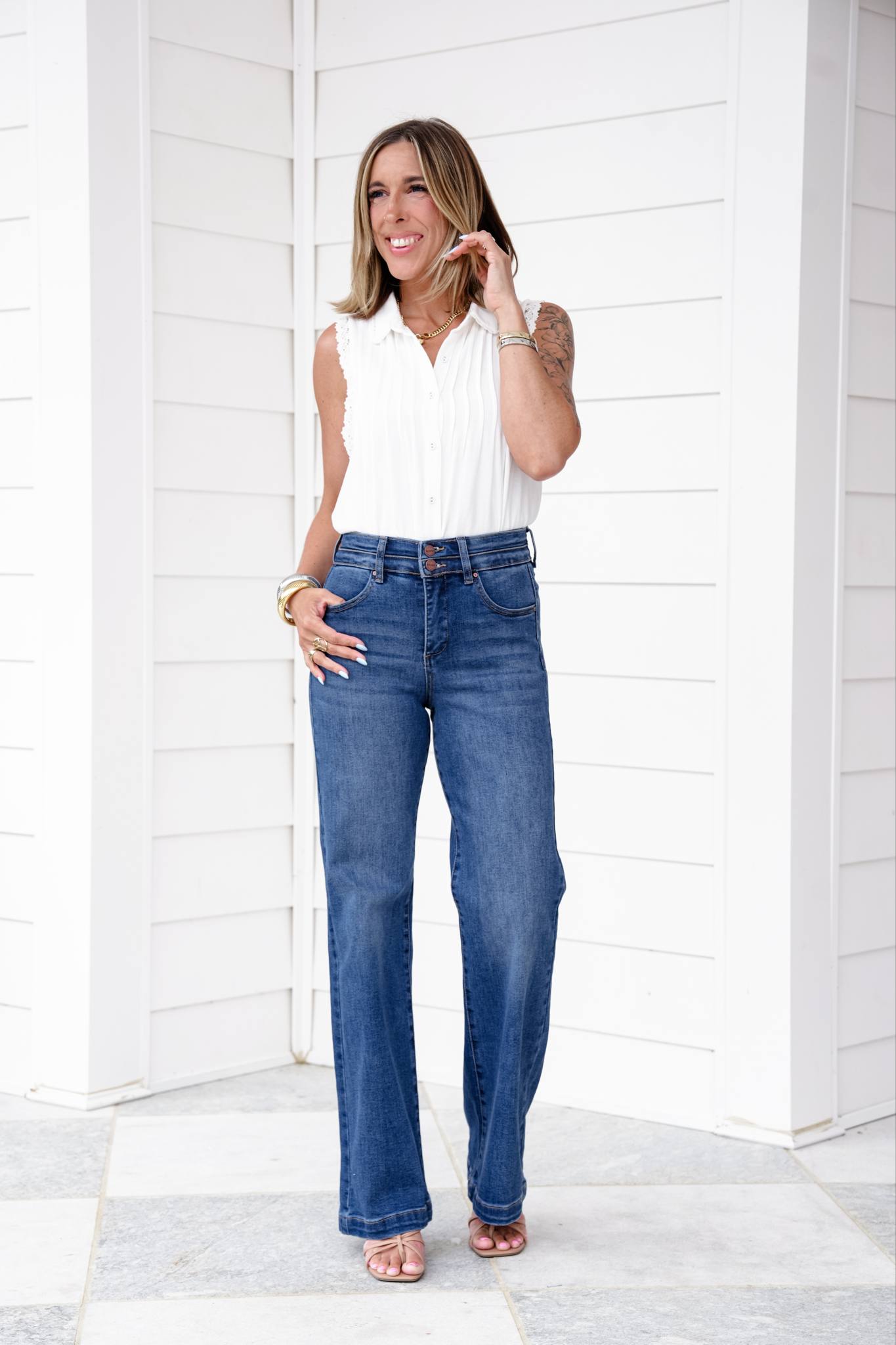 Risen Material Girl High Rise Medium Wash Tummy Control Double Button Elastic Waistband Jeans
