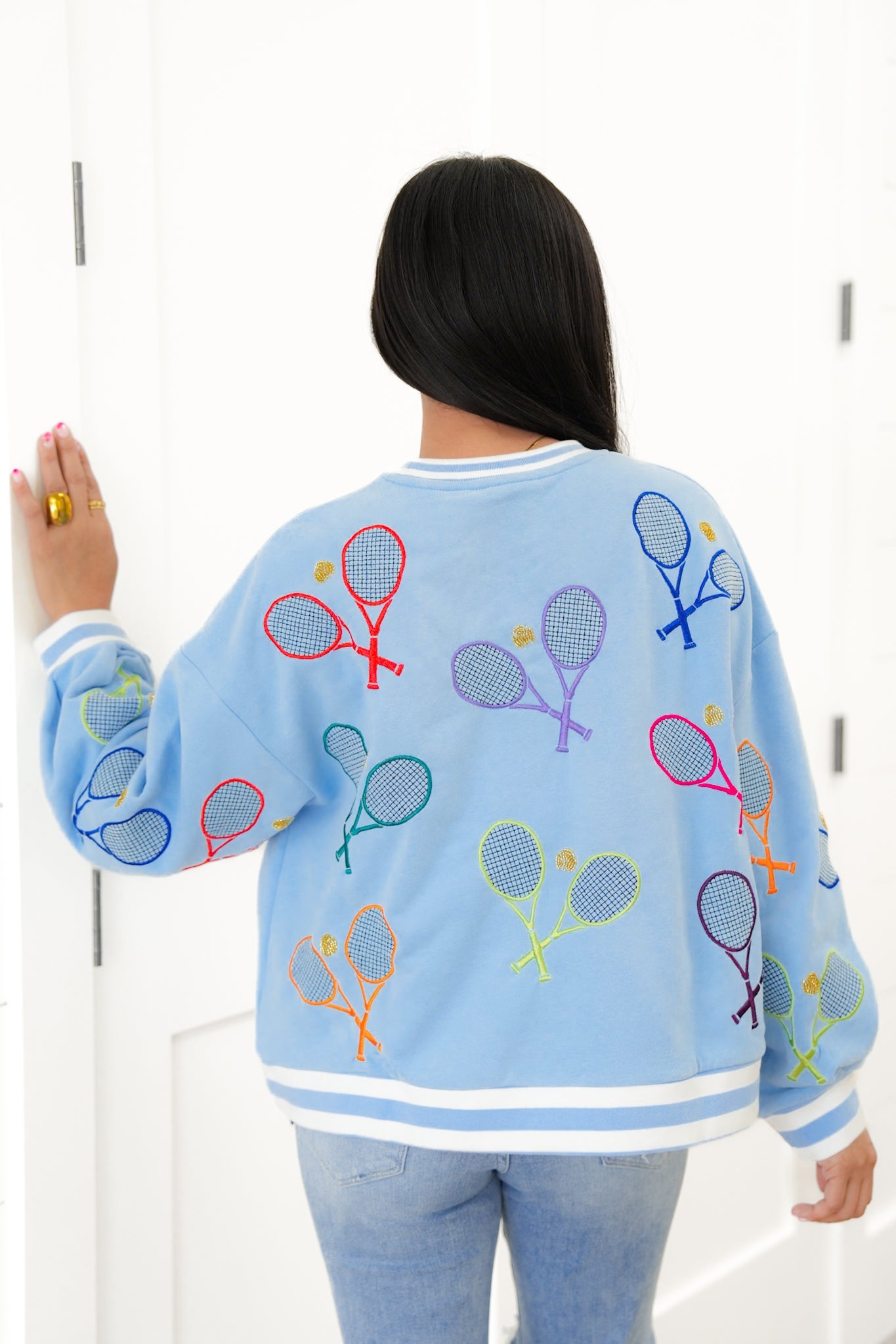 Plus/Reg Queen Of Sparkles Long Sleeve Sweatshirt With Tennis Detail