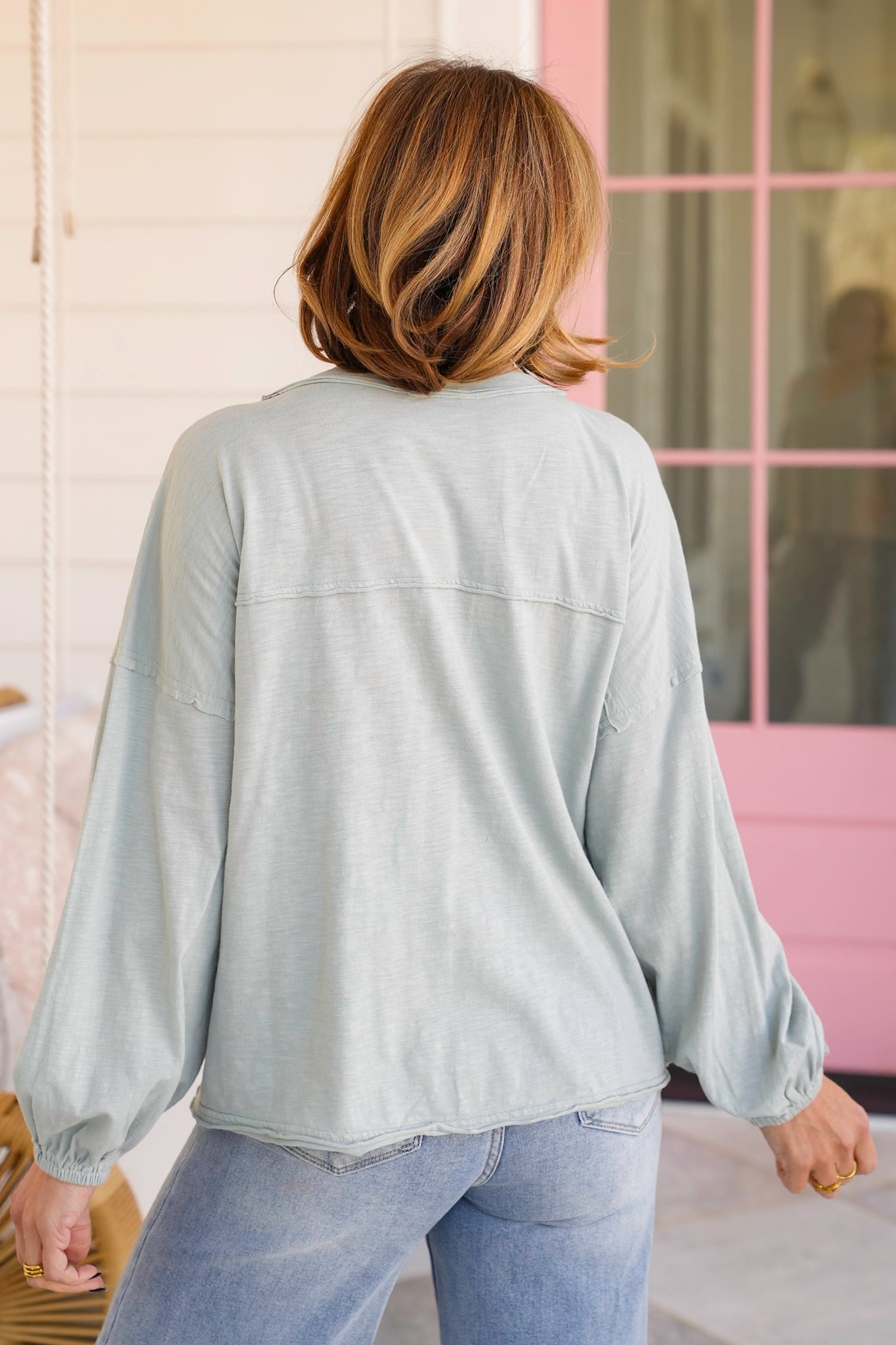 Plus/Reg Long Sleeve V Neck Top with Star Patch Detail