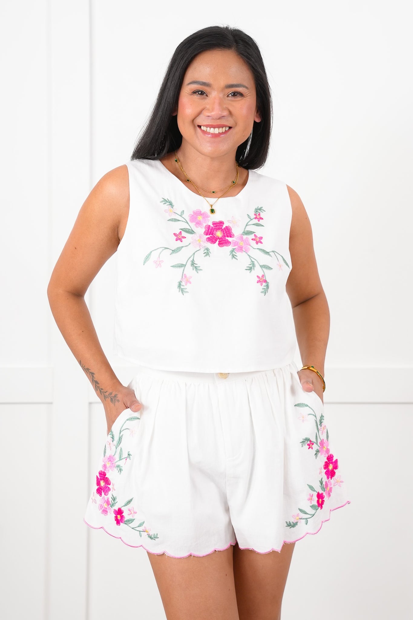 Sleeveless Floral Embroidery Top with Shorts Set
