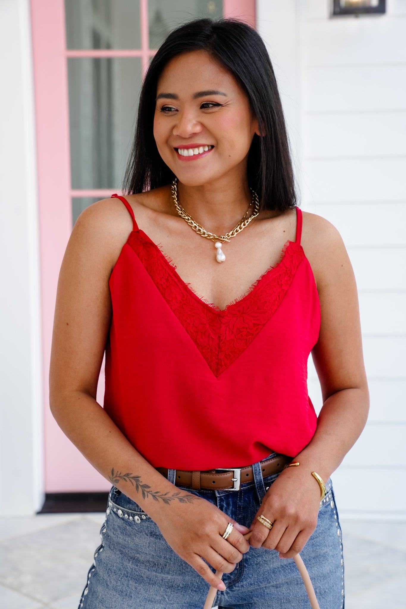Textured V Neck Camisole Top with Lace Detail
