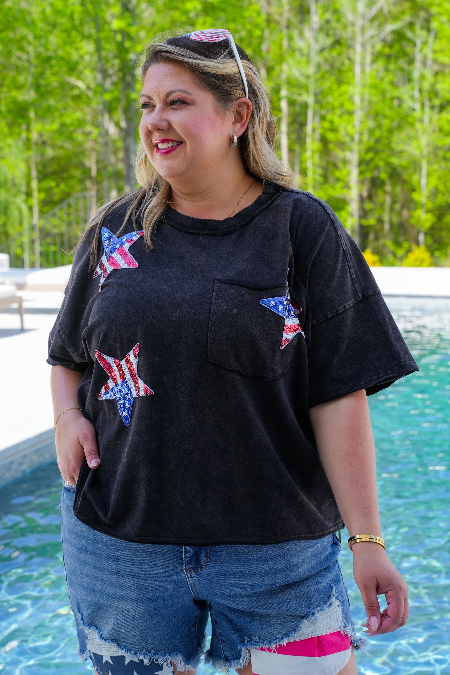 Plus/Reg Mineral Wash Short Sleeve Top with Sequin Star Patch Detail
