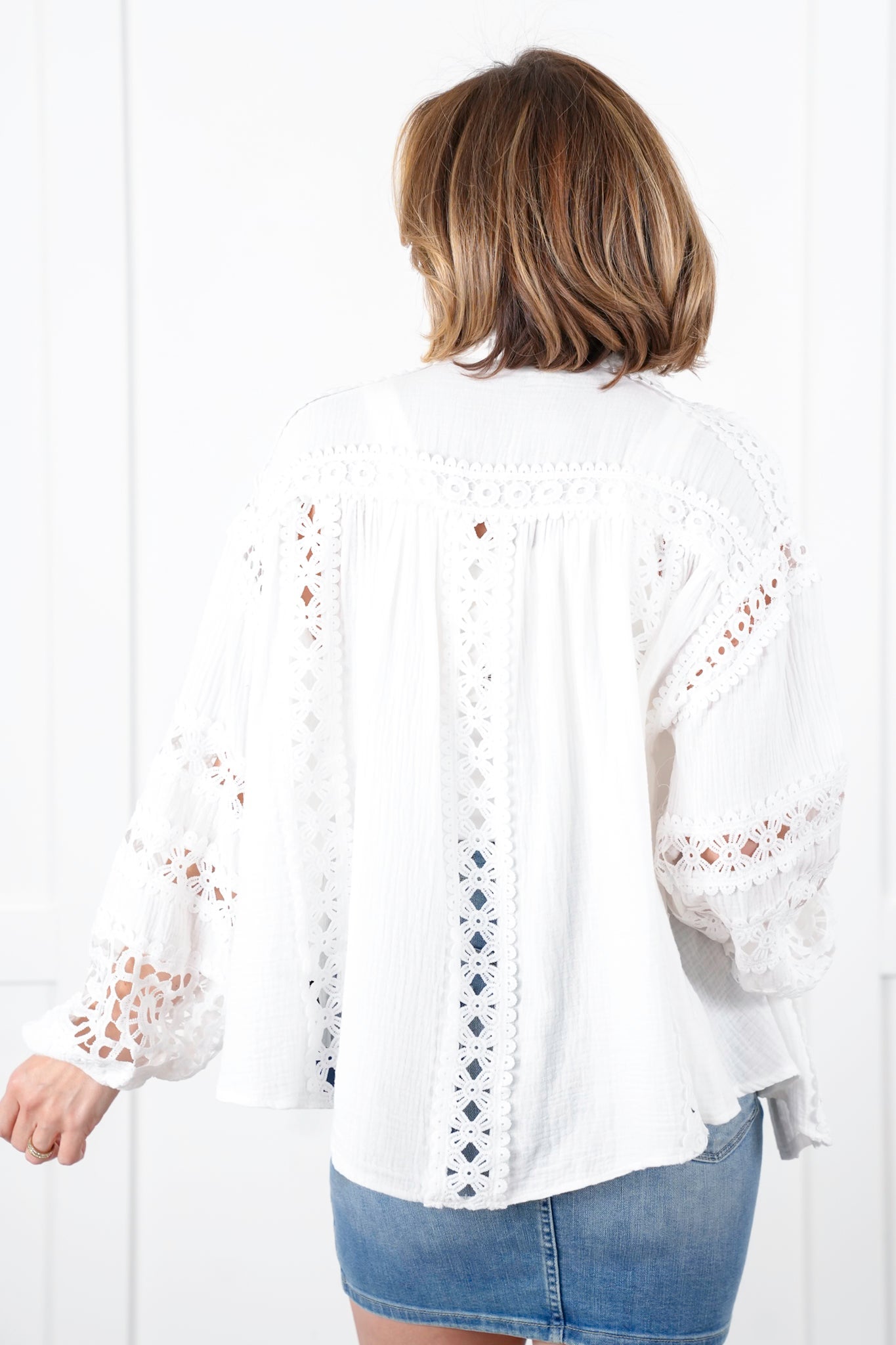 Restock! POL Gauze Long Sleeve Button Down Top with Lace Detail