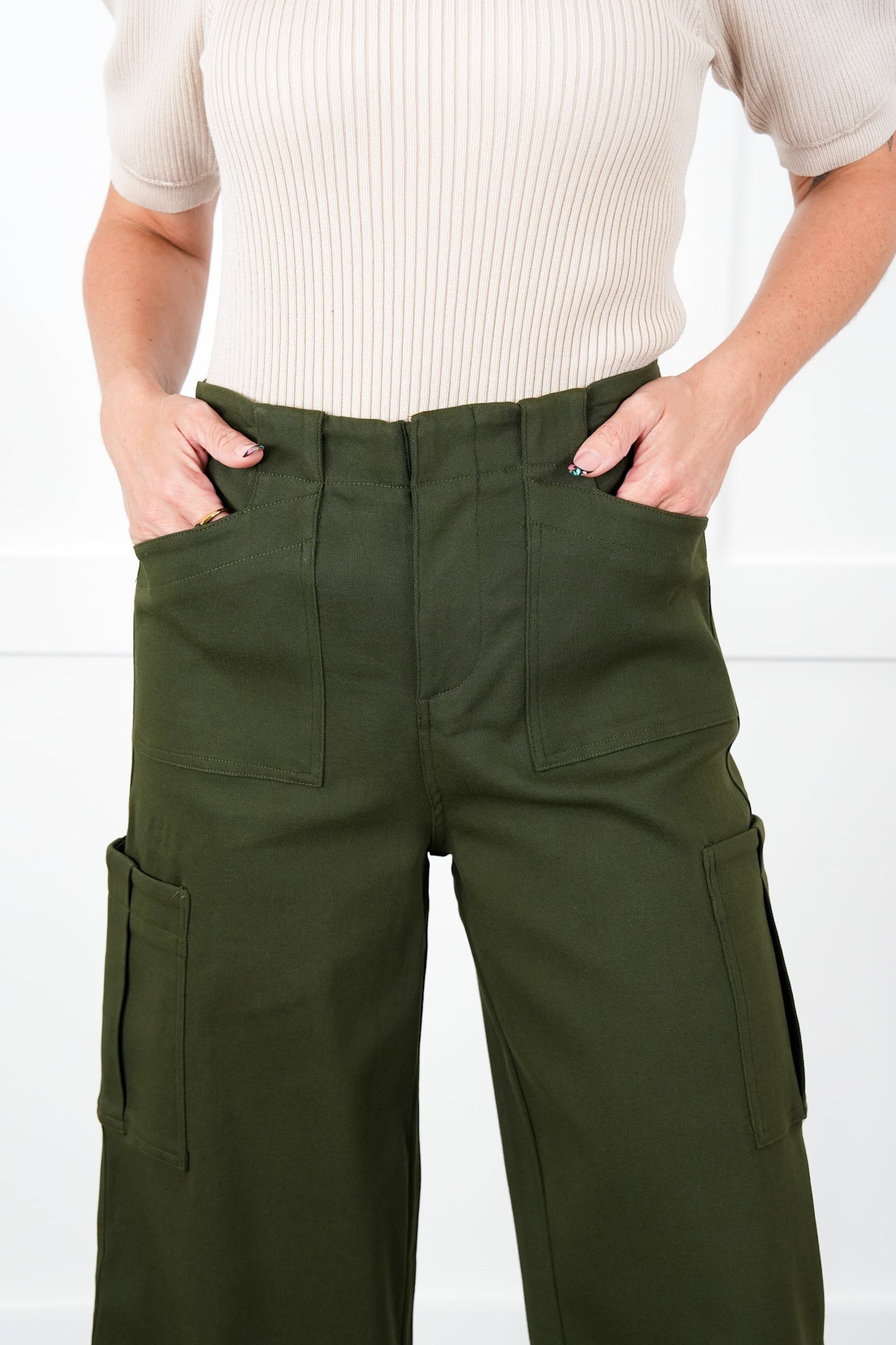 Solid High Waisted Cargo Pants with Pockets