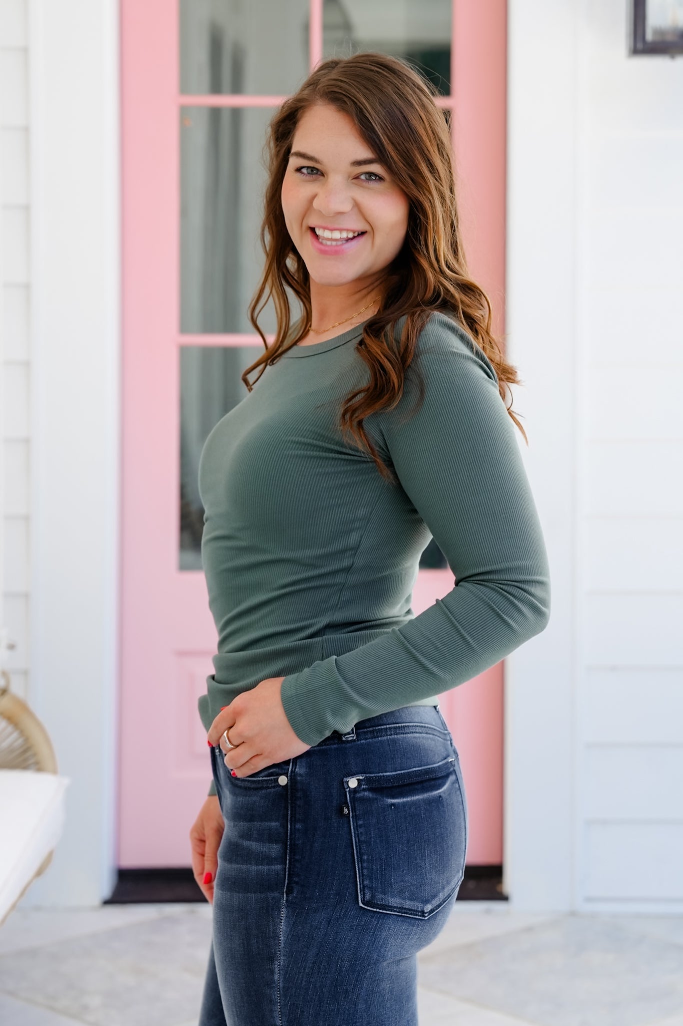 Solid Long Sleeve Round Neck Ribbed Knit Top