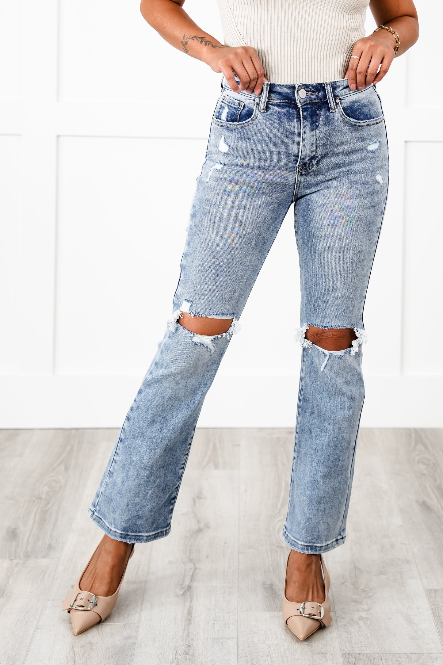 Risen Dressed to Impress High Rise Medium Wash Distressed Knee Ankle Flare Jeans
