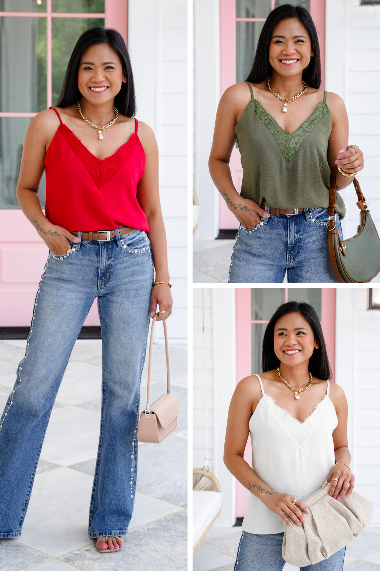 Textured V Neck Camisole Top with Lace Detail