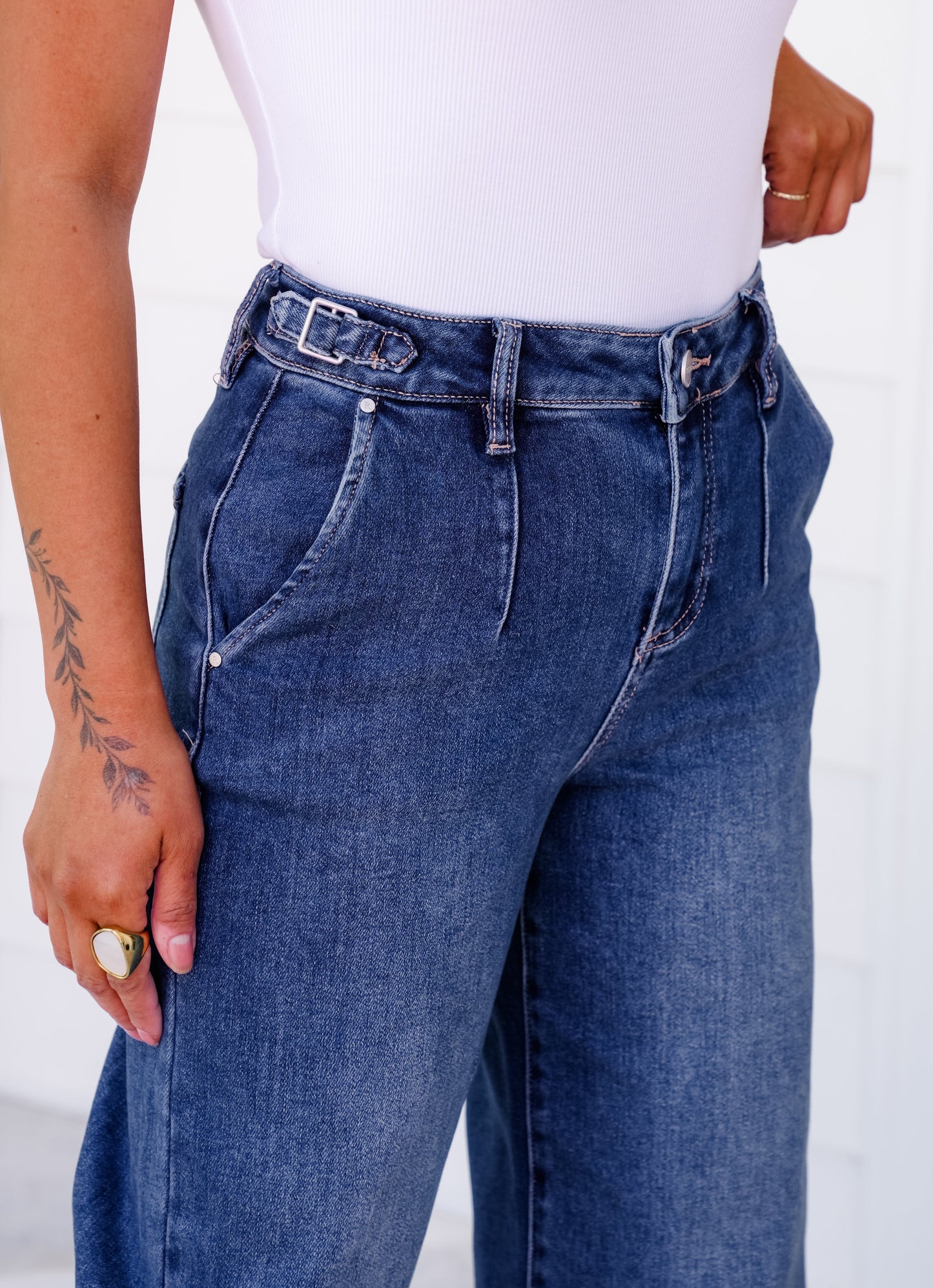 Risen High Rise Medium Wash Adjustable Waistband Wide Leg Pleated Jeans