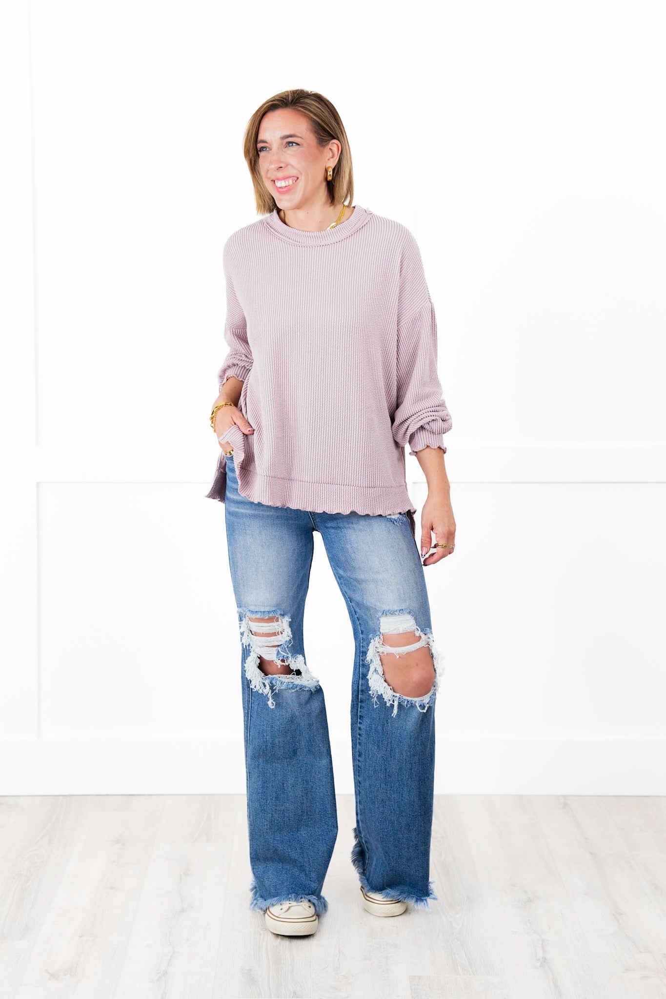 Ribbed Knit Long Sleeve Pullover Top