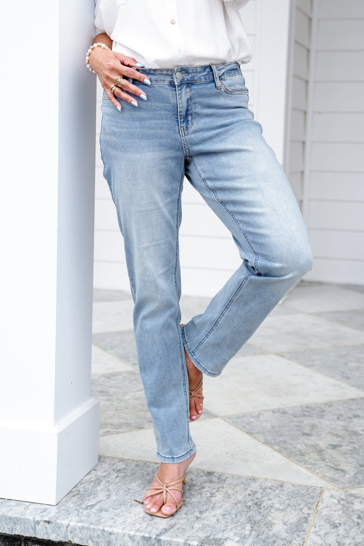 Judy Blue Riptide Mid Rise Medium Wash V Front Cuffed Boyfriend Jeans with Cool Denim