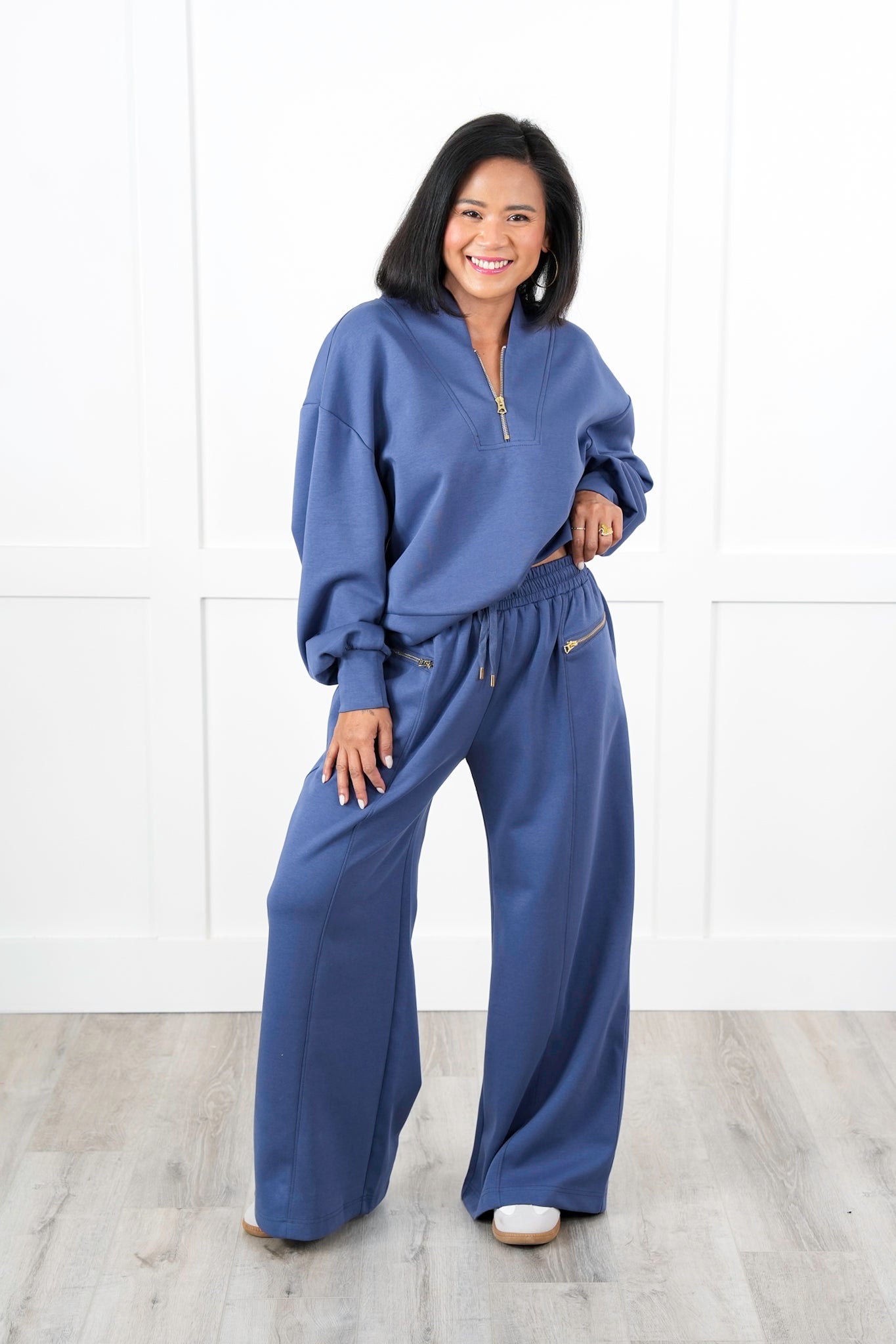Restock! Soft Elastic Waistband Wide Leg Sweat Pants with Zipper Closure Pockets