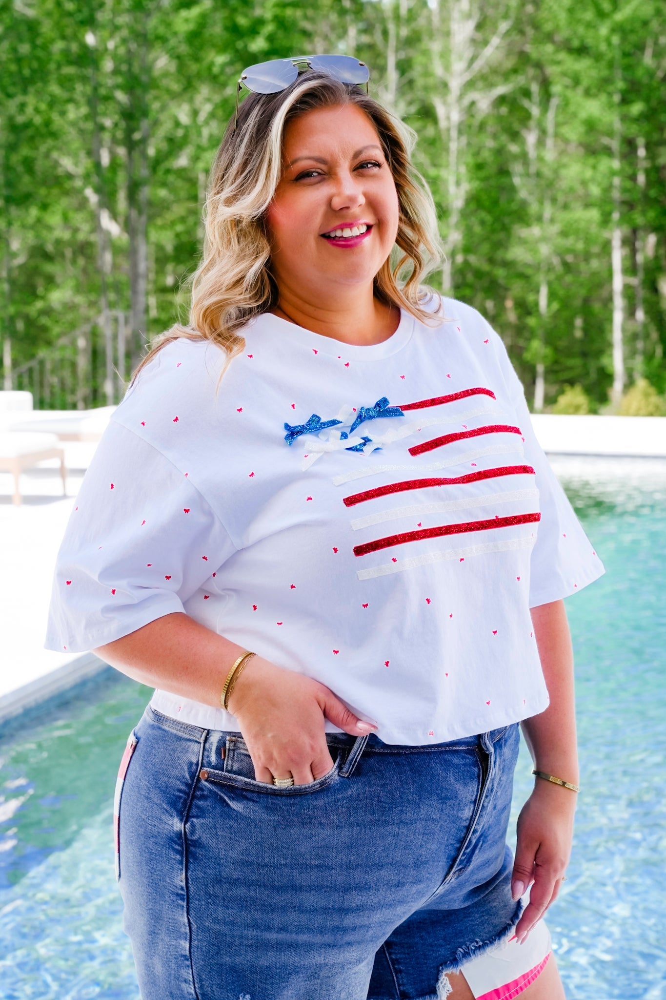 Short Sleeve Ribbon American Flag Top with Bow Detail