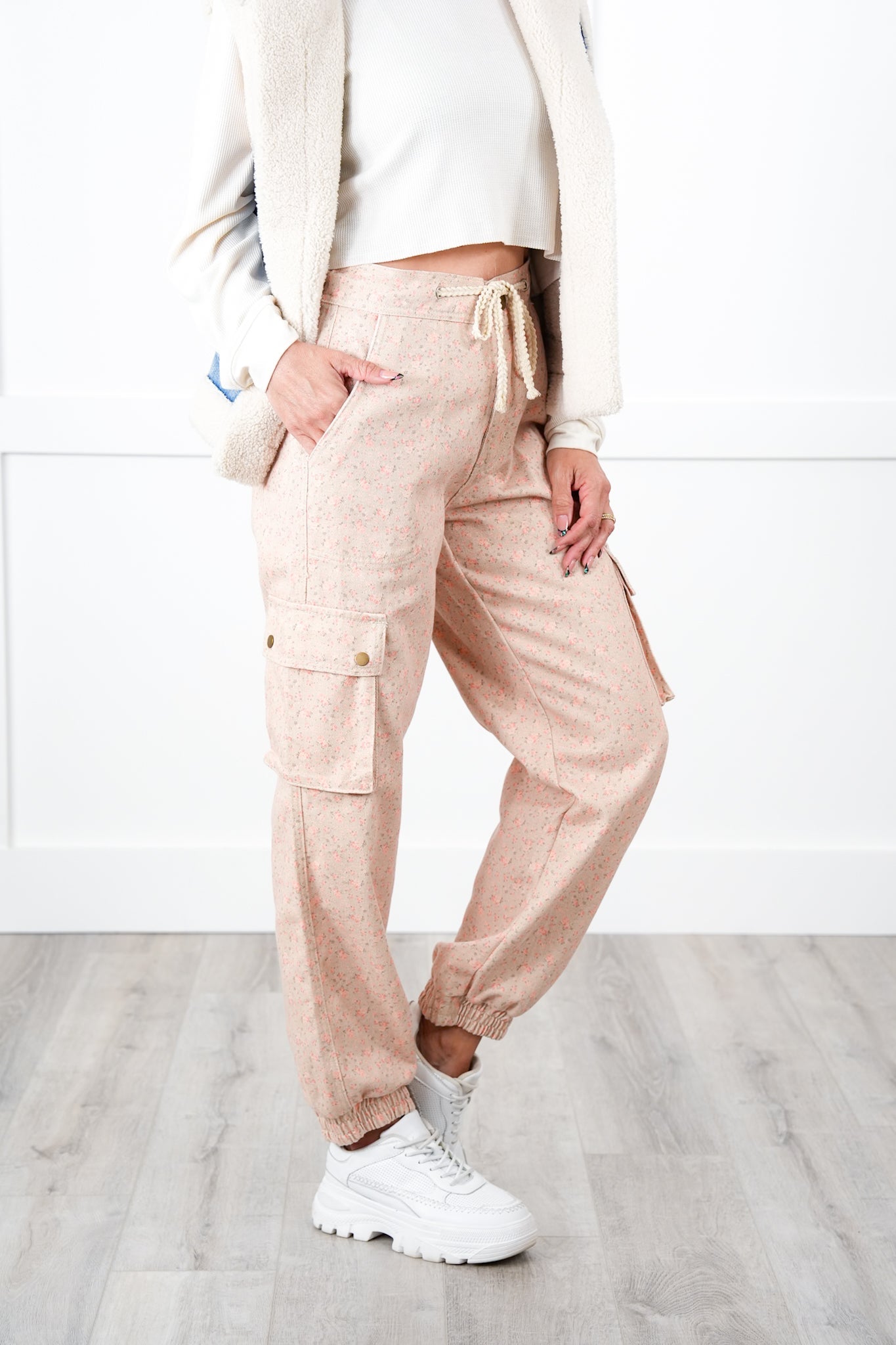 POL Floral Print Twill Joggers with Cargo Pockets