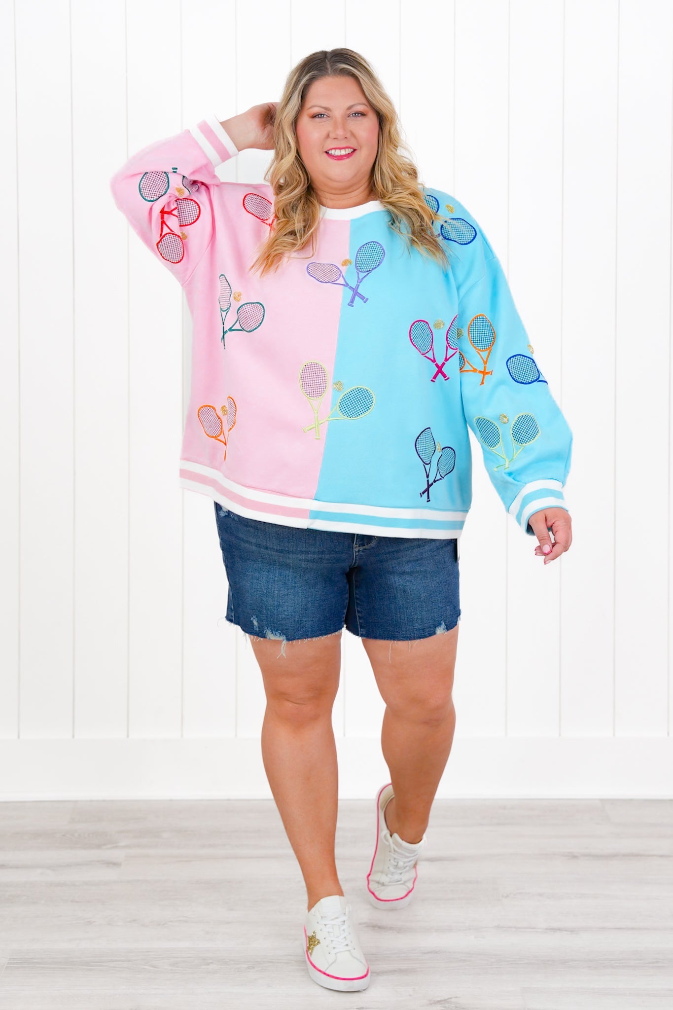 Plus/Reg Queen Of Sparkles Long Sleeve Color Block Sweatshirt with Sequin Tennis Detail