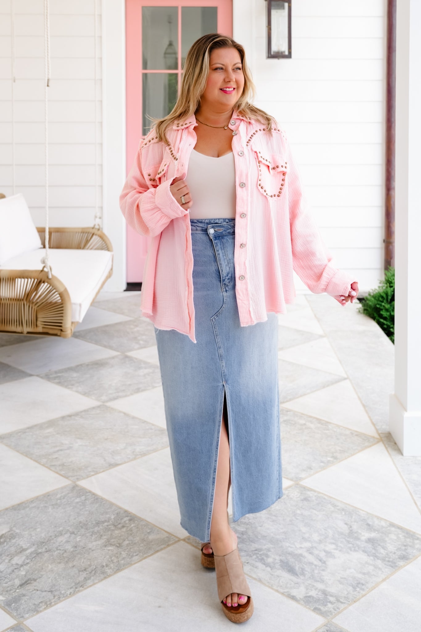 POL Gauze Long Sleeve Button Down Shacket with Stud Detail - More Colors!