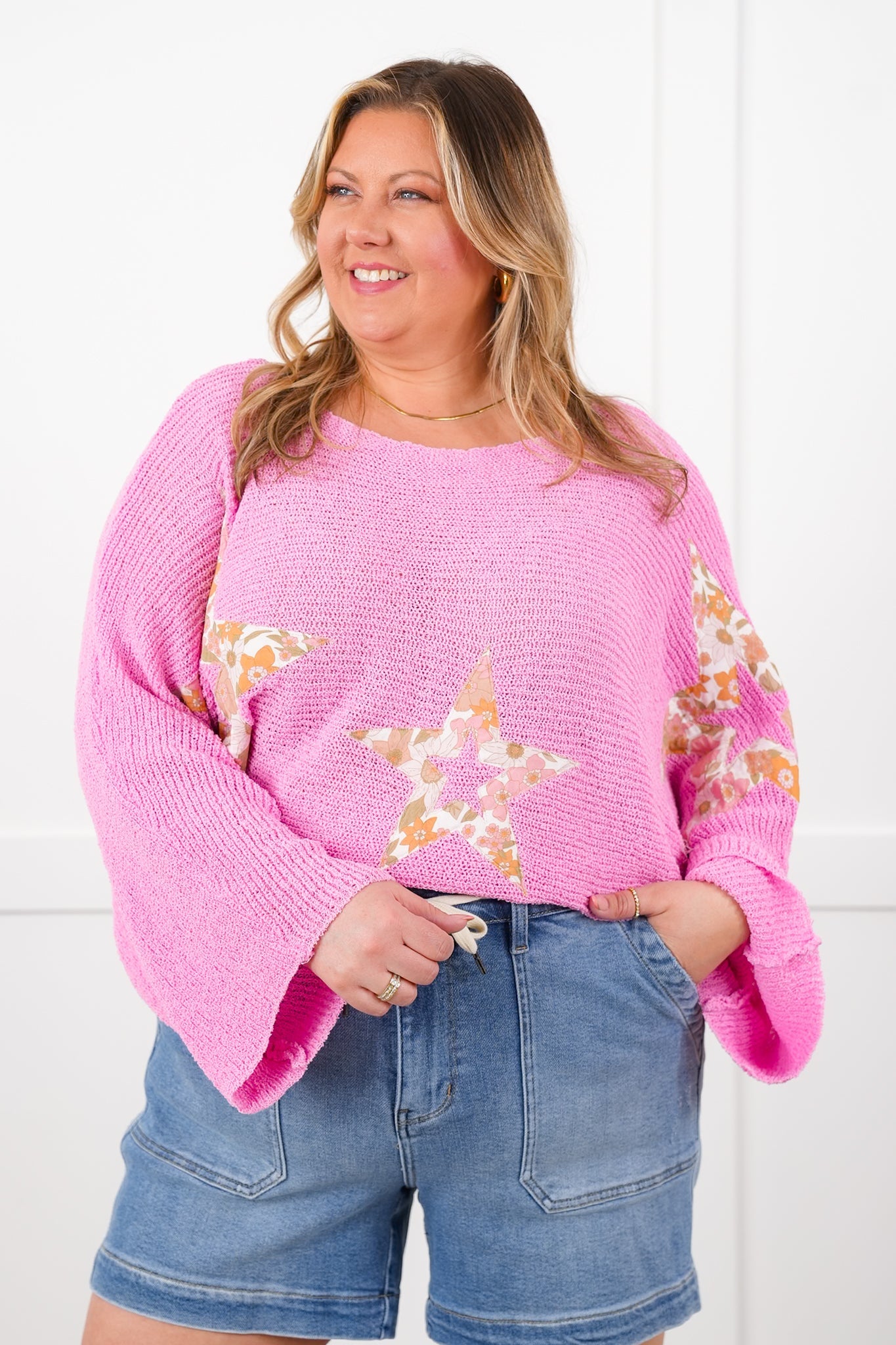 POL Long Dolman Sleeve Cropped Sweater with Floral Star Patch Detail