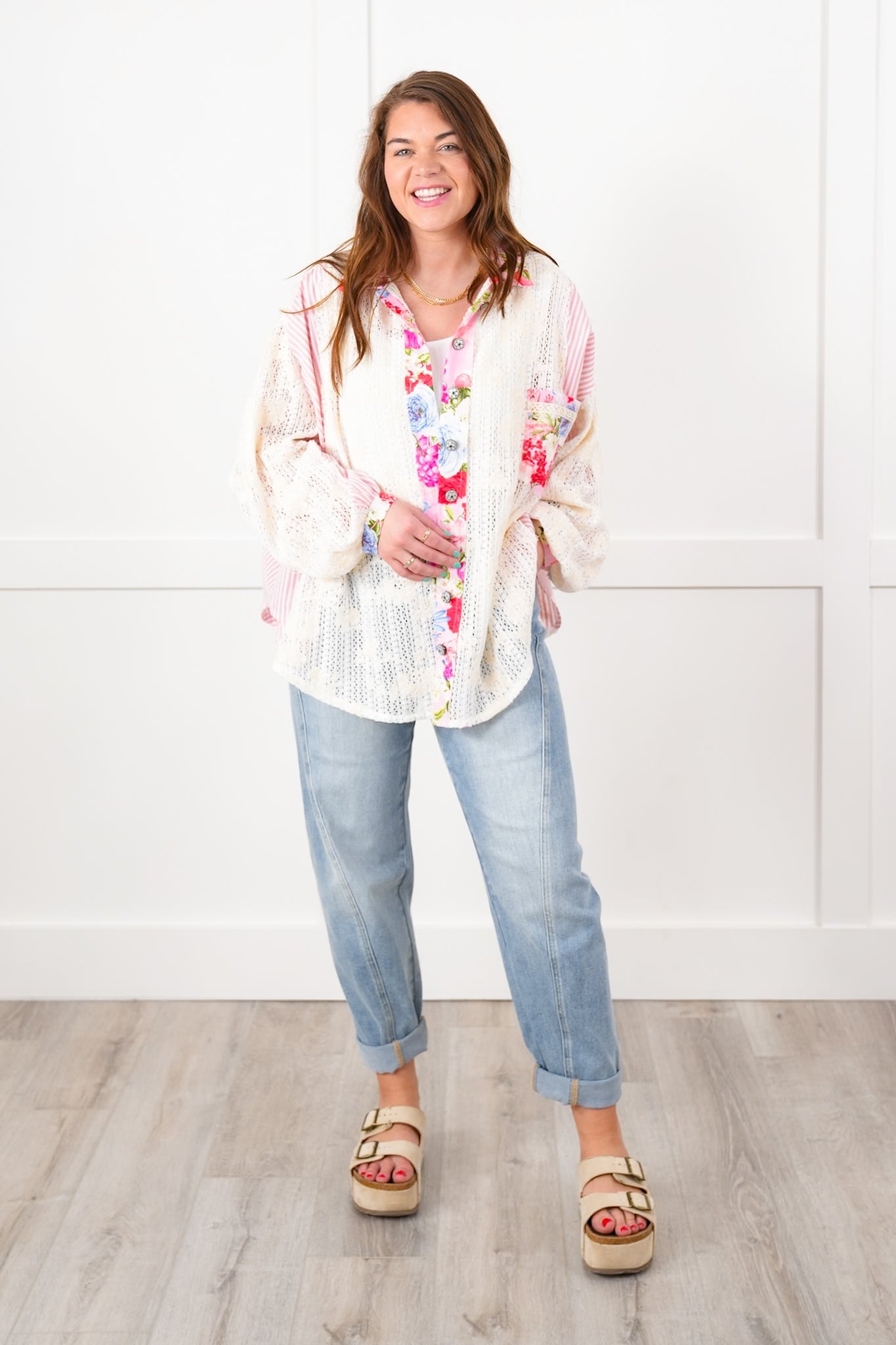 POL Stripe Long Sleeve Button Down Shacket with Floral and Lace Detail - New Colors!