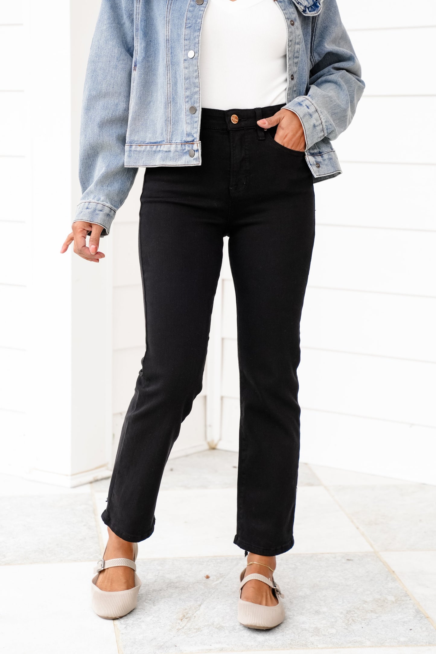 Risen She's a Ten High Rise Black Tummy Control Elastic Waistband Cropped Straight Leg Jeans