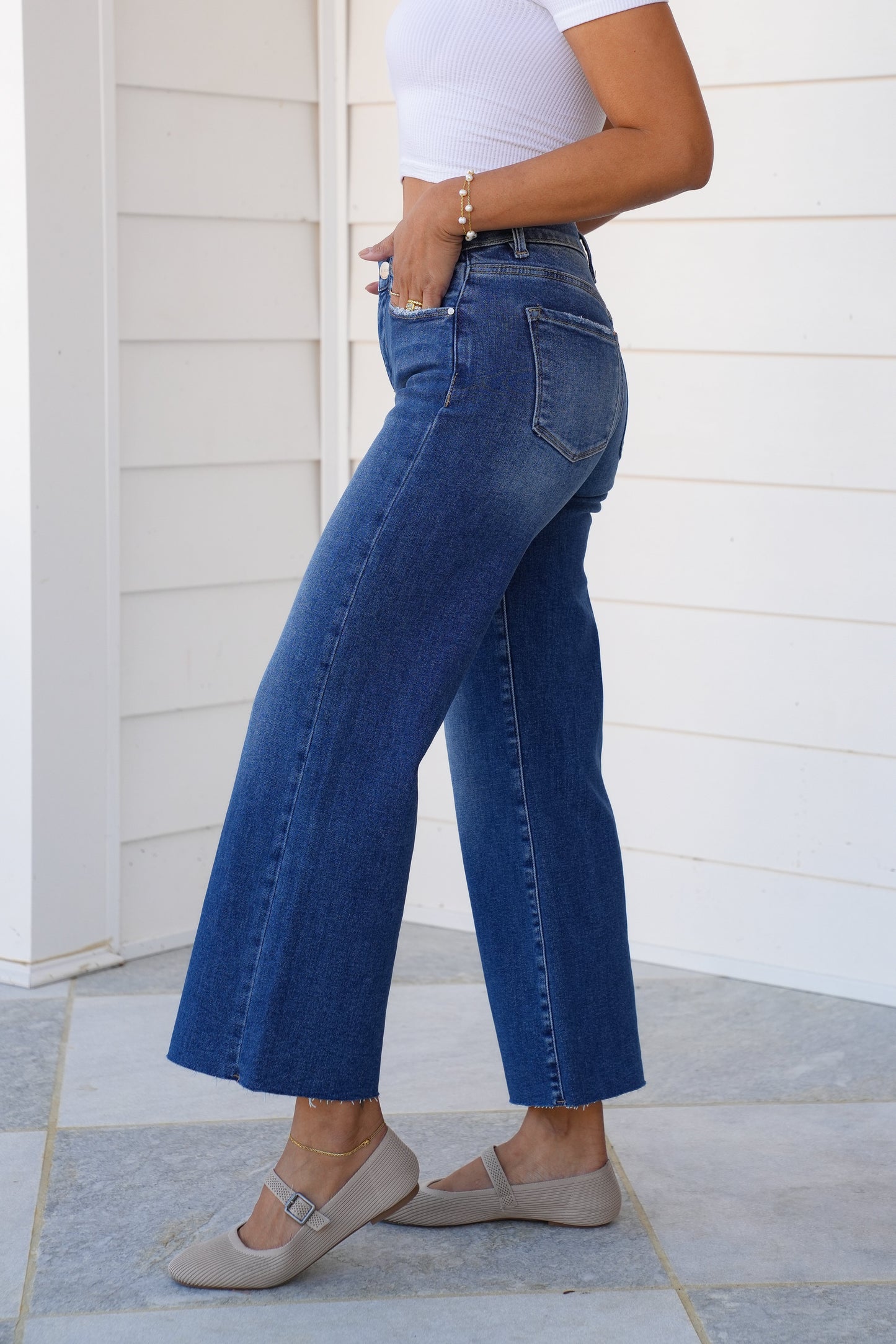 Risen Mid Rise Dark Wash Tummy Control Elastic Waistband Cropped Wide Leg Jeans