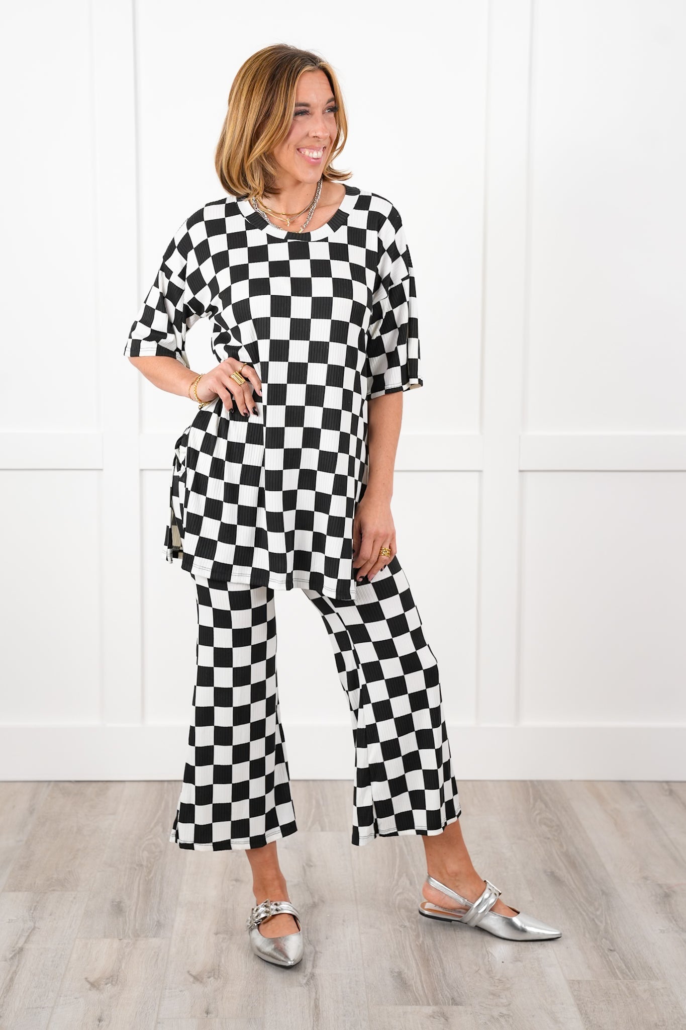Plus/Reg Ribbed Checkered Short Sleeve Tunic Top and Pants Set